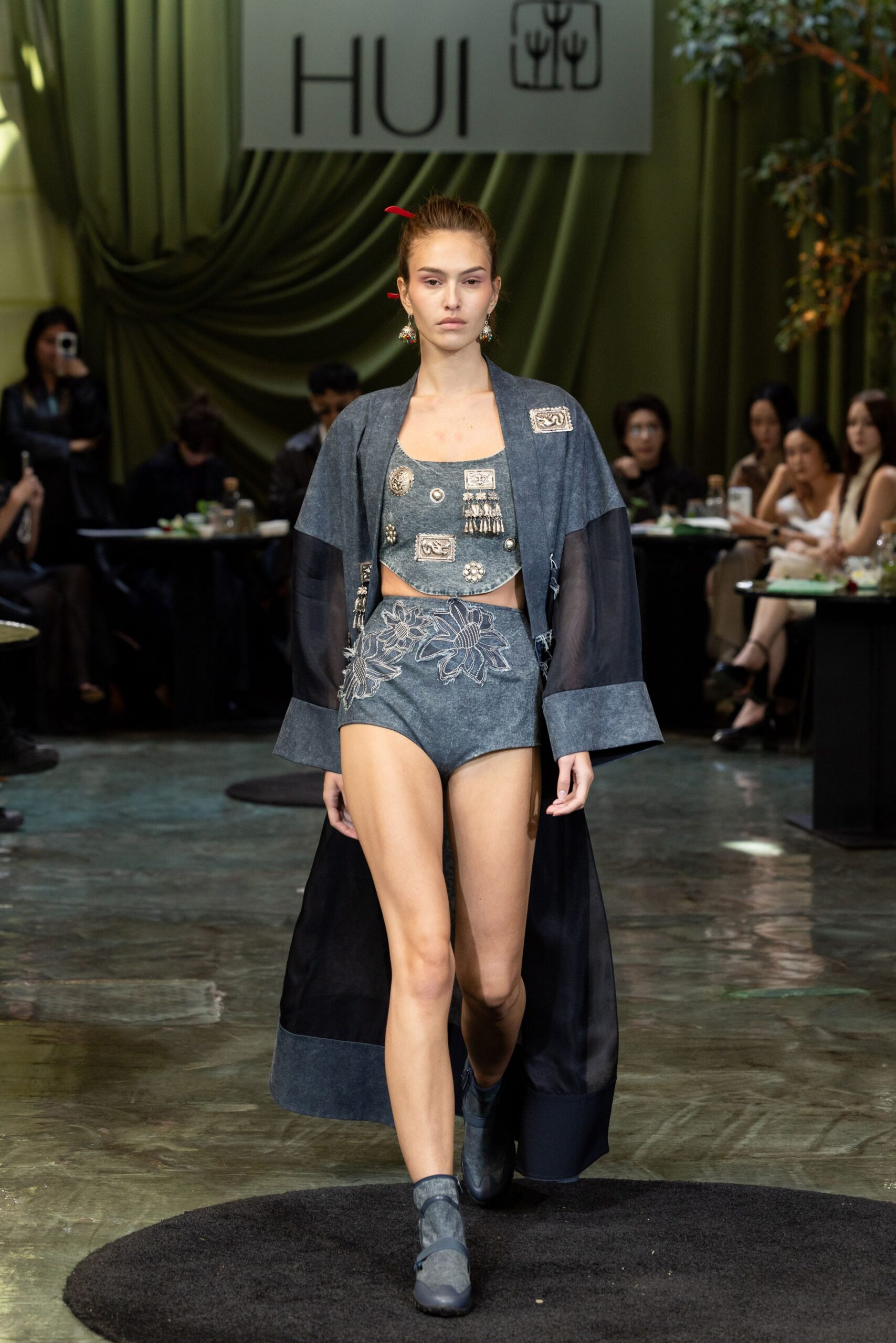 blue denim sleeveless fitted embroidered bodysuit