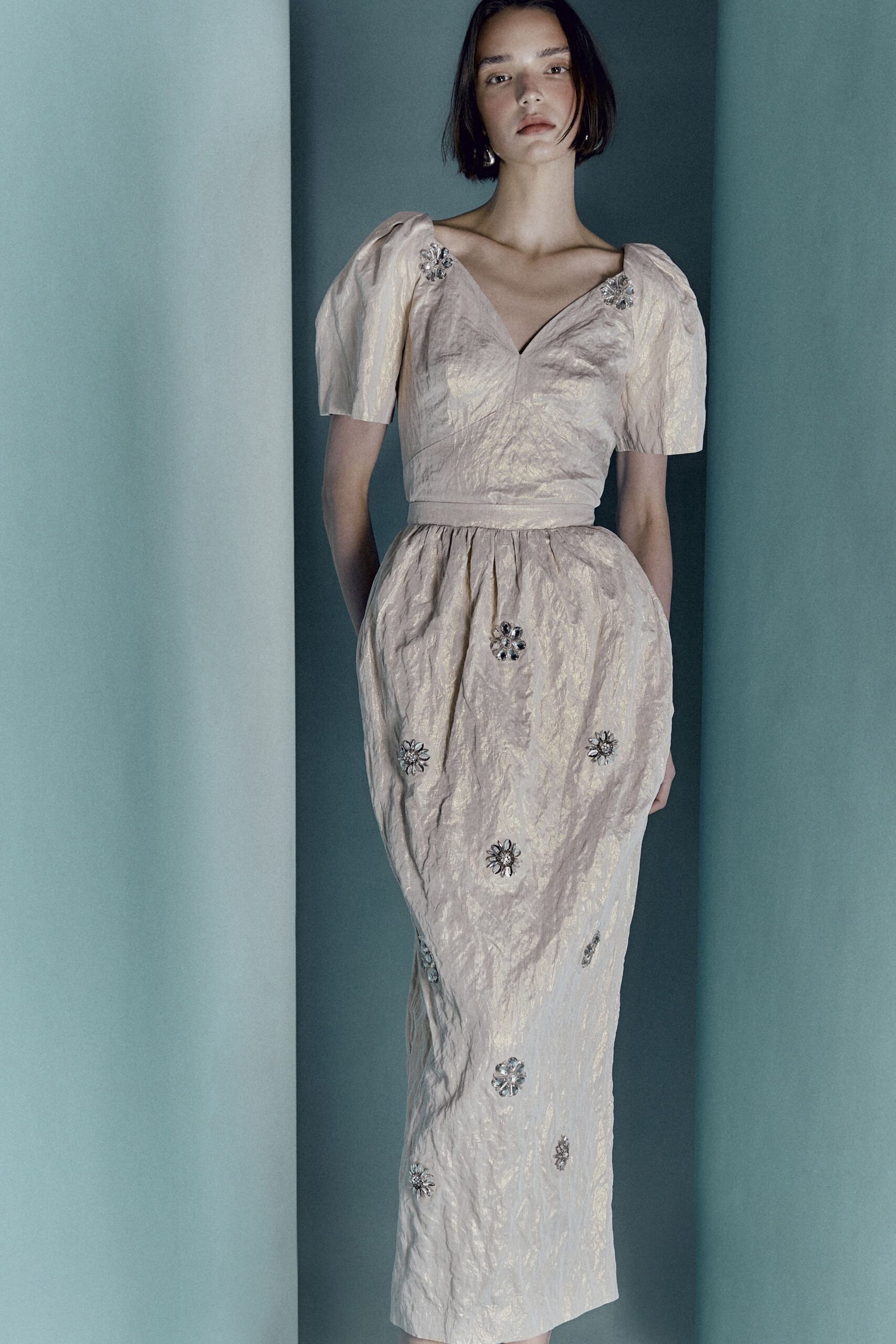 beige silk fitted gown