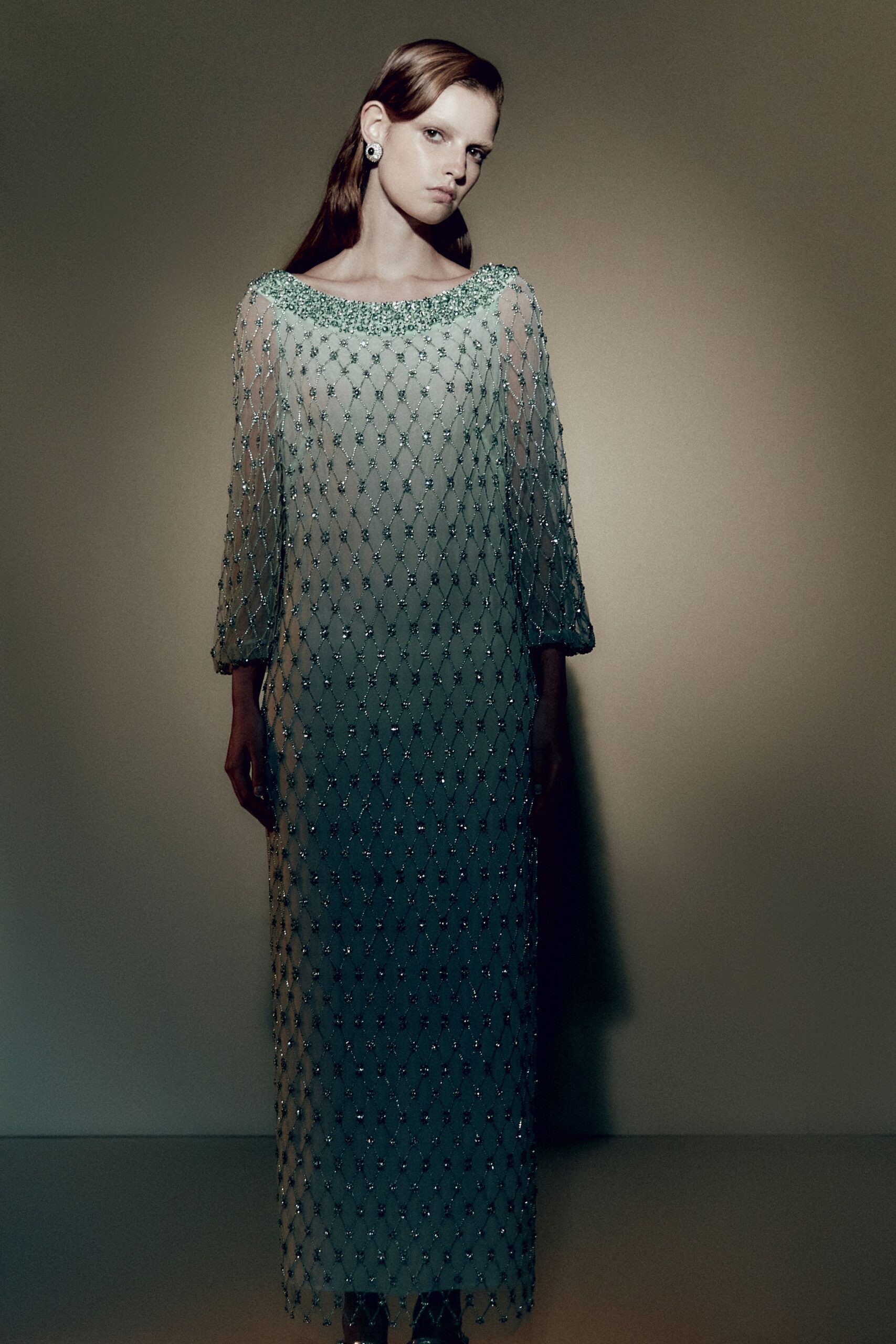 blue green embellished sheer gown