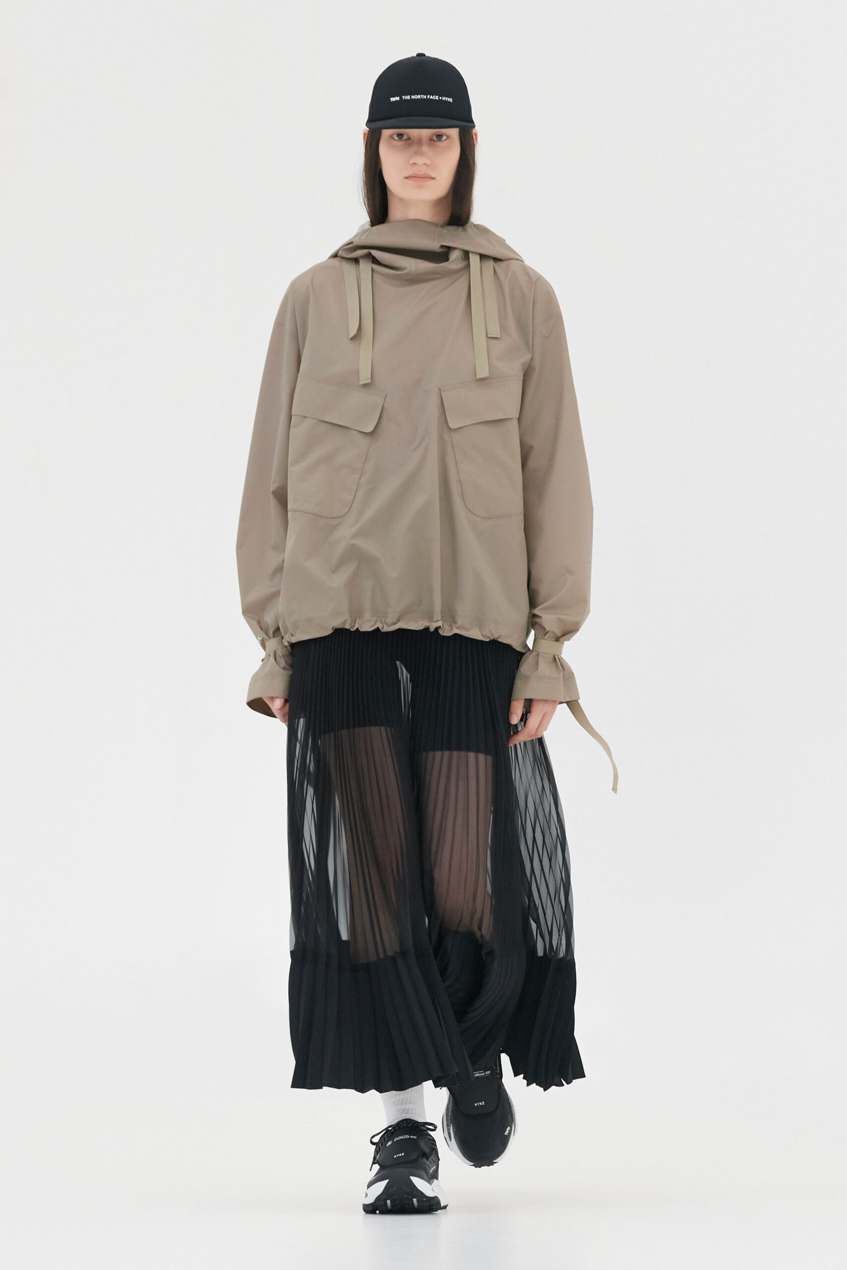 black mesh long-sleeve fitted pleated sheer skirt