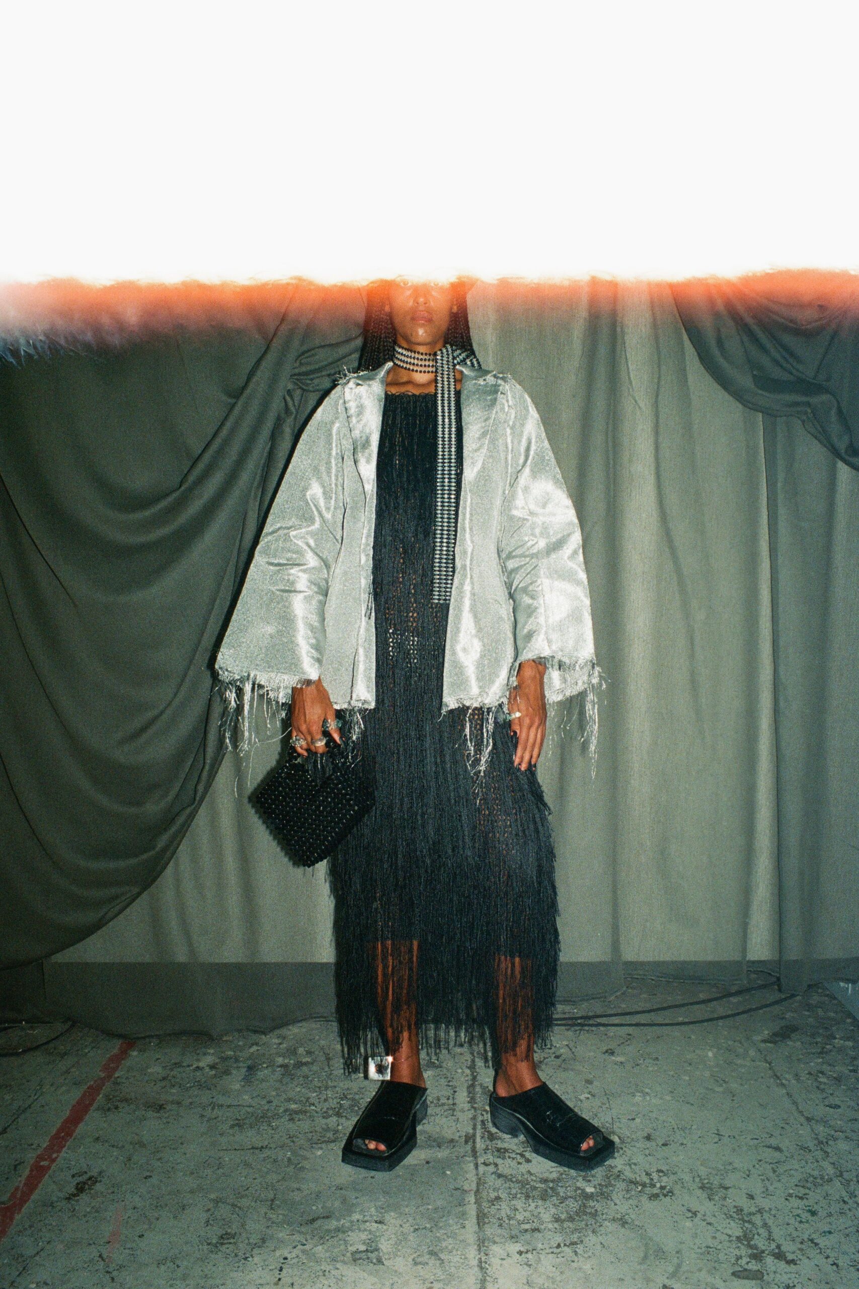 gray silk long-sleeve relaxed fringed jacket