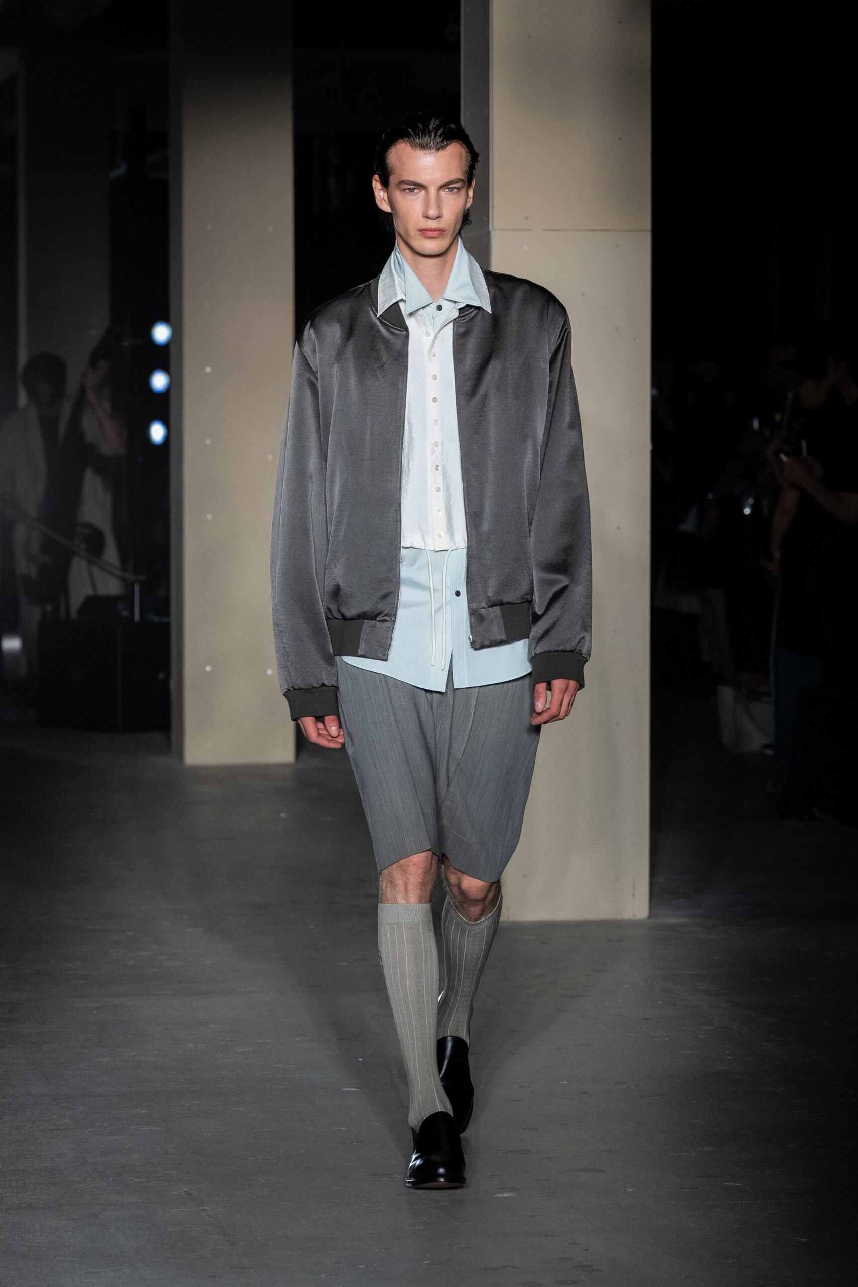 gray oversized jacket with shorts