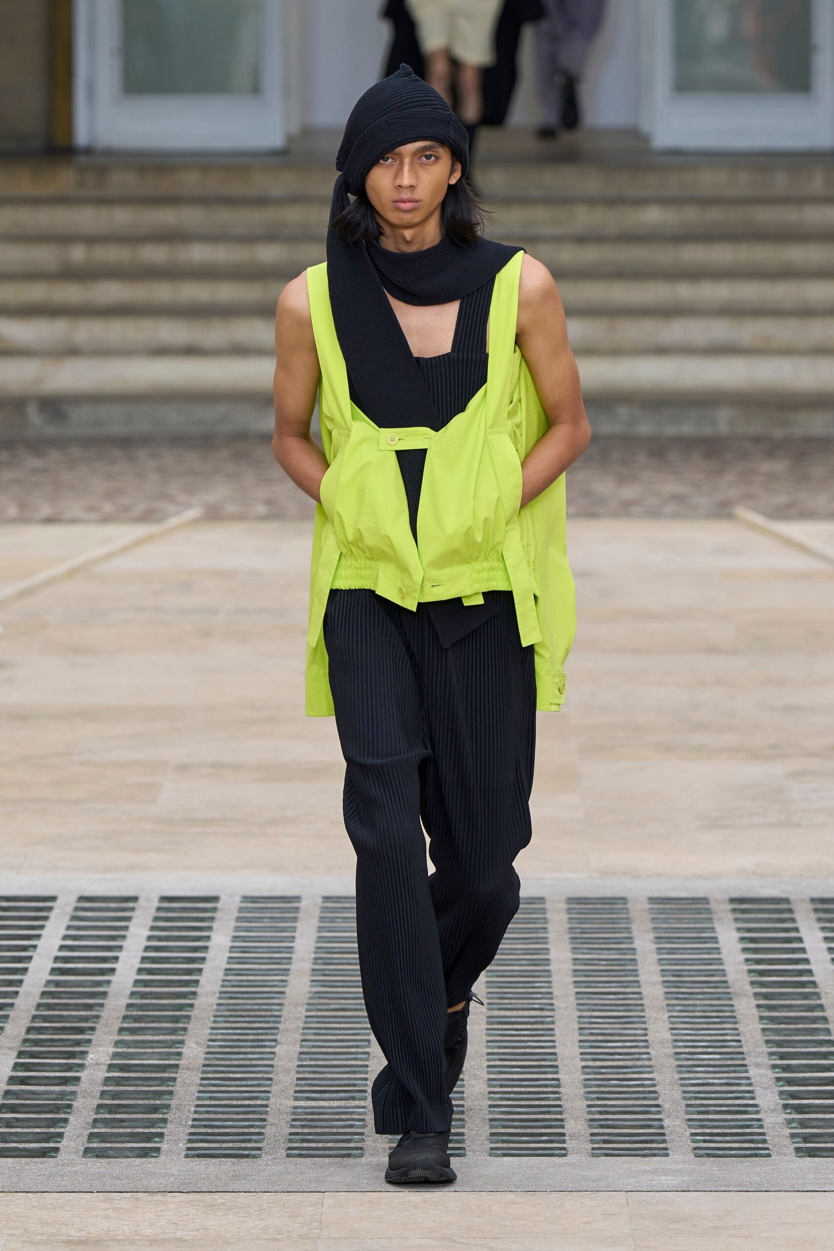 neon green jacket with black top