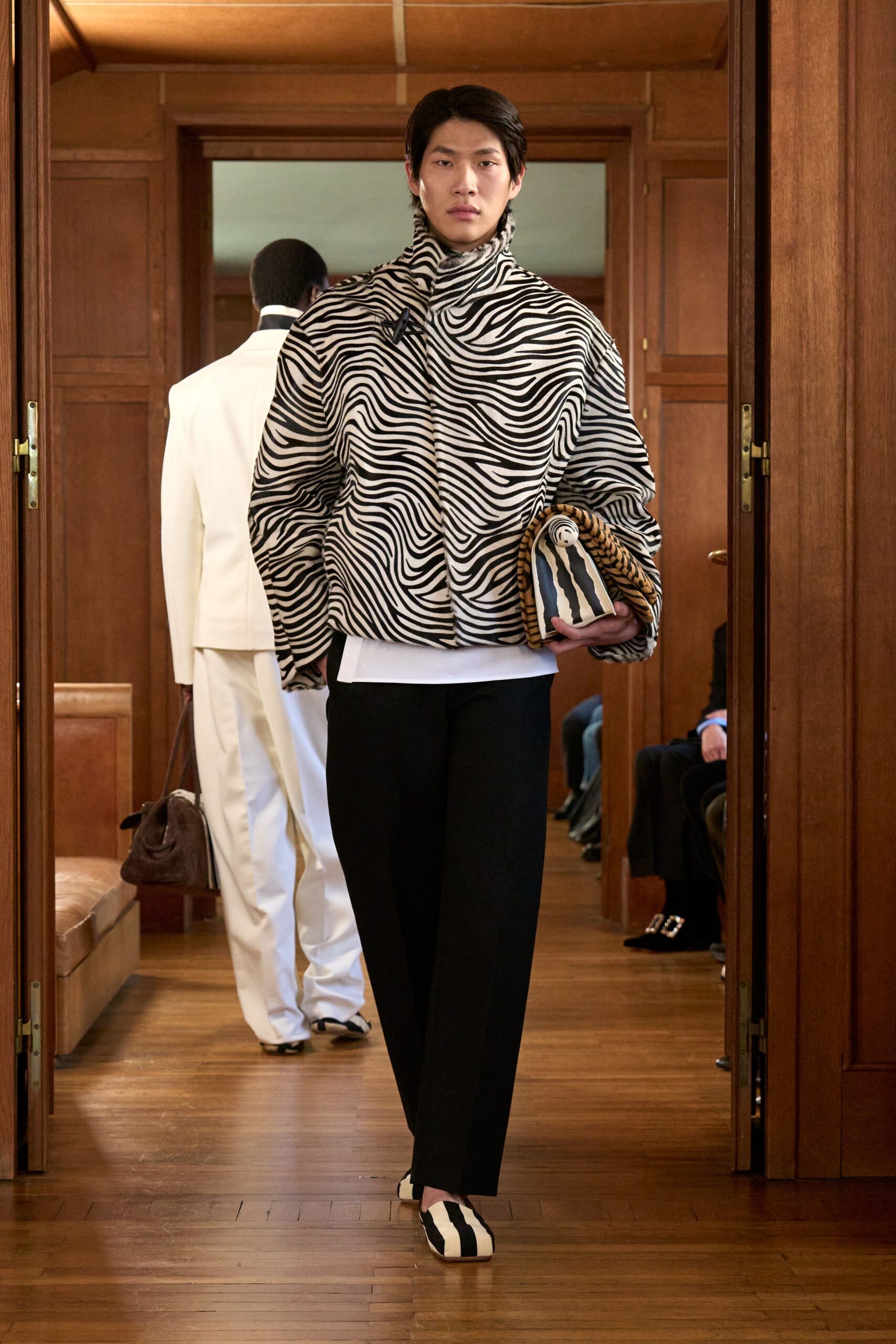 black and white striped jacket with tailored pants