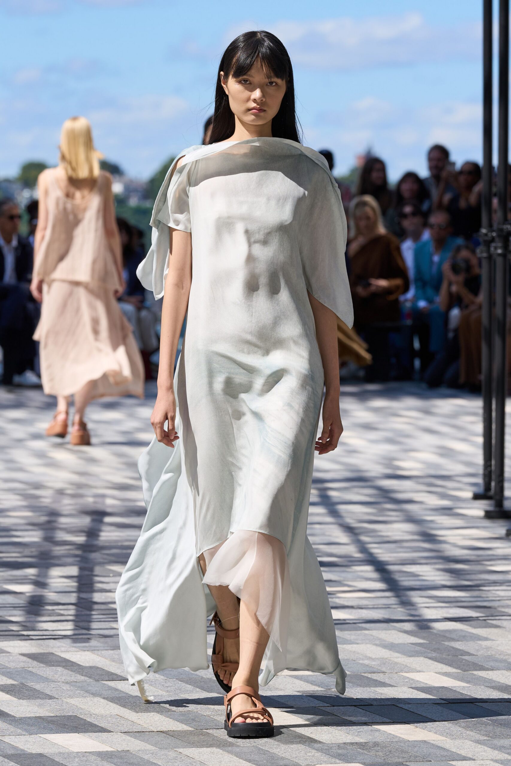 blue silk sleeveless asymmetric relaxed draped flowing dress