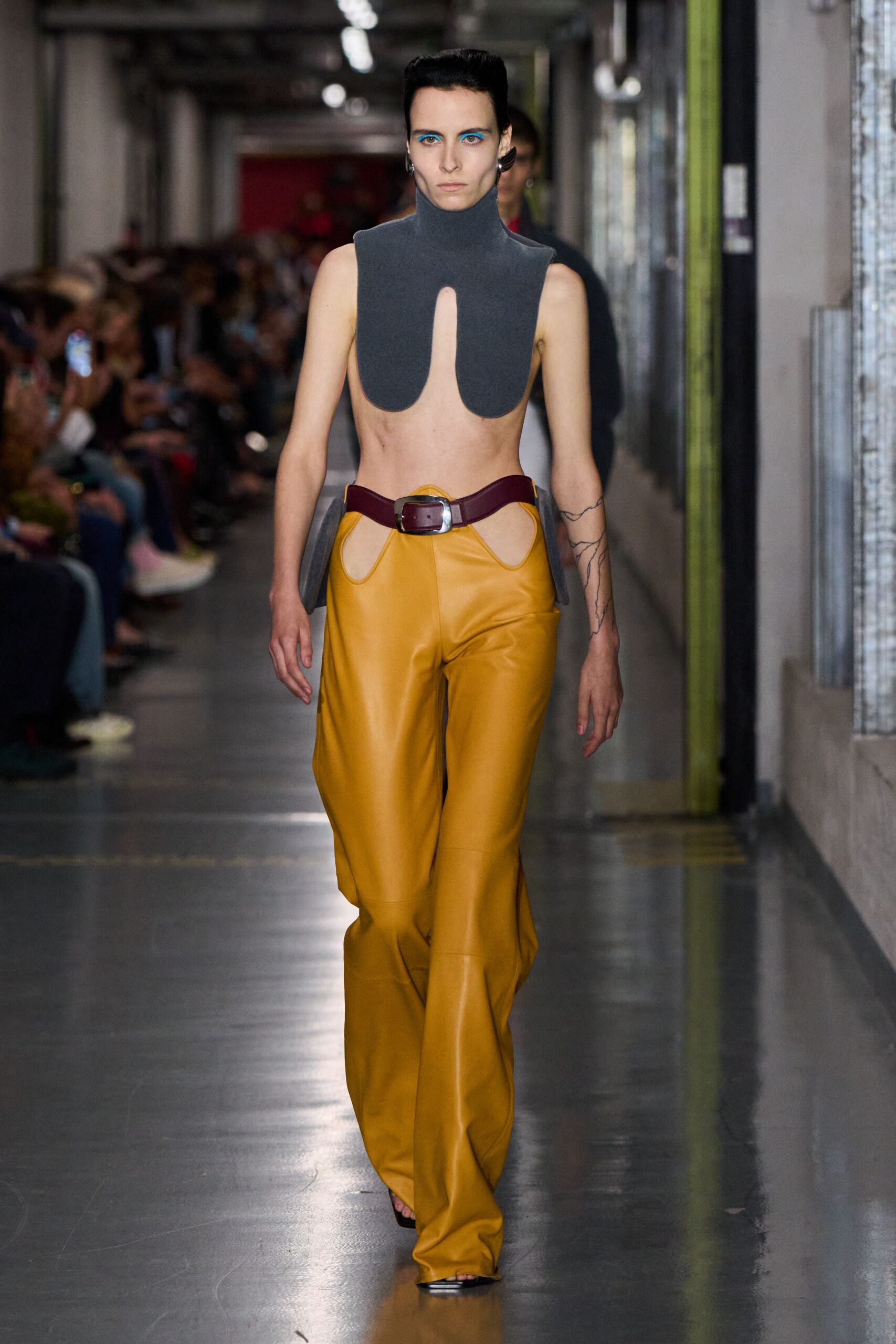 yellow leather fitted straight-leg pants