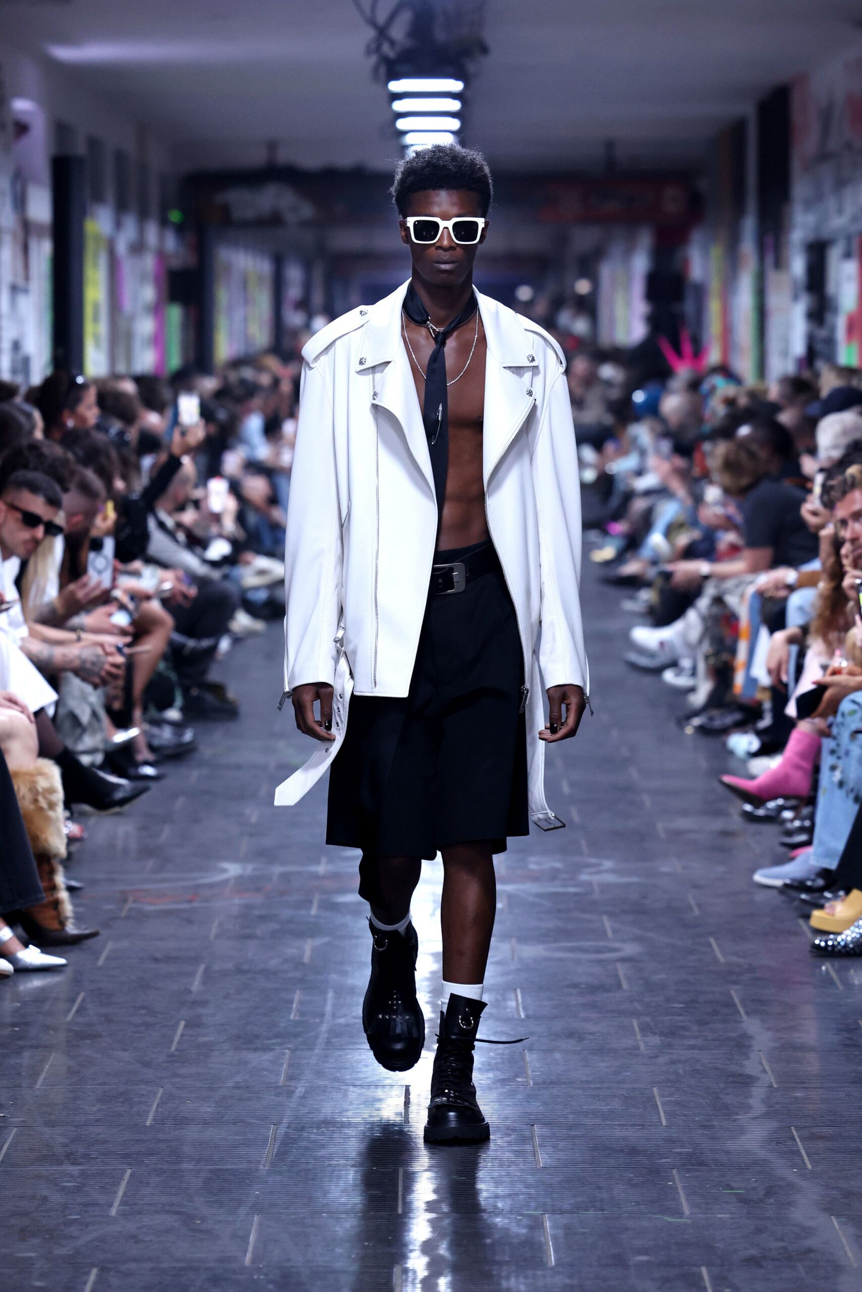 white leather long-sleeve collared oversized zippered coat