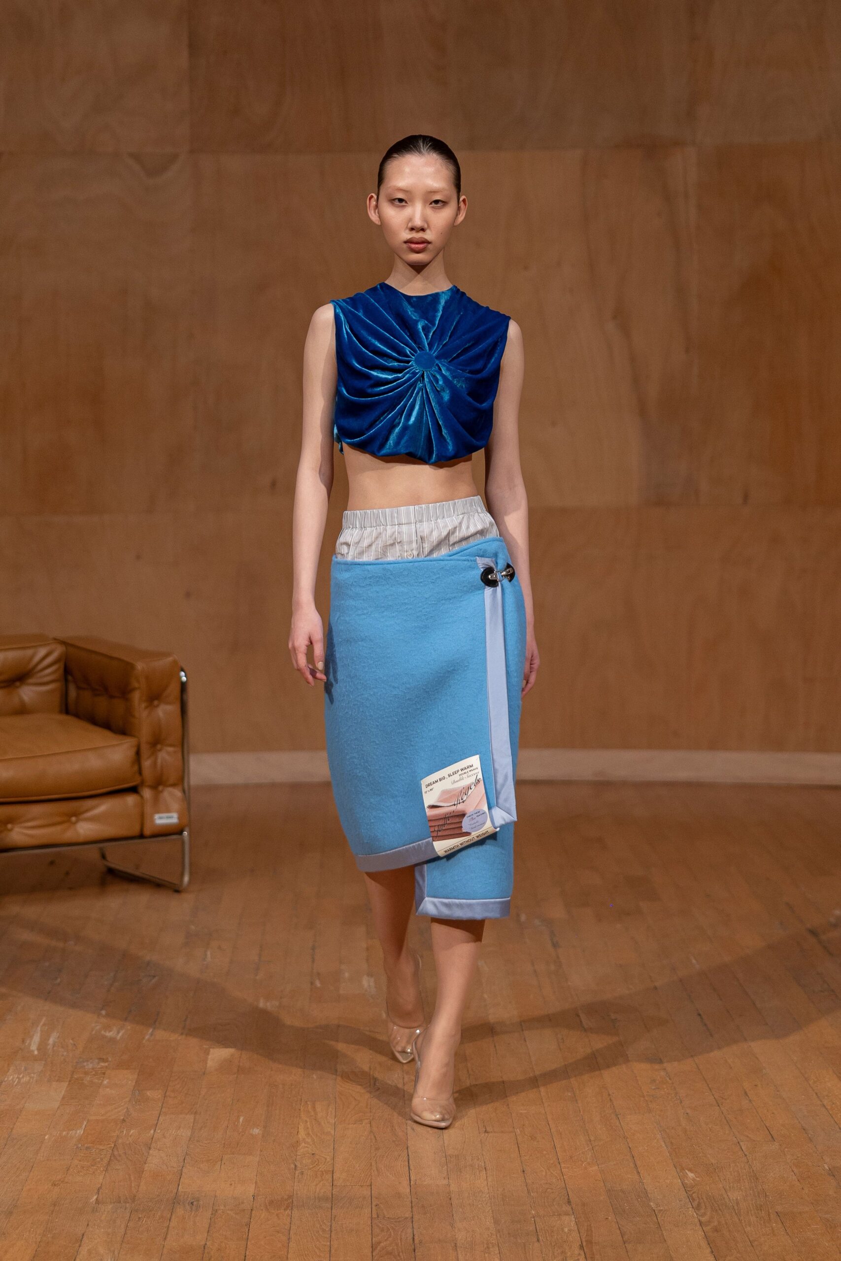 blue velvet sleeveless high-neck fitted draped crop-top