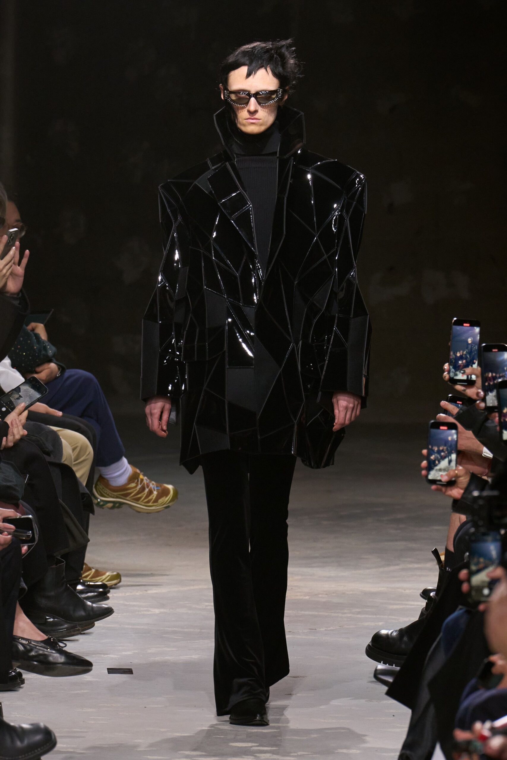black vinyl long-sleeve high-neck structured zippered shiny jacket