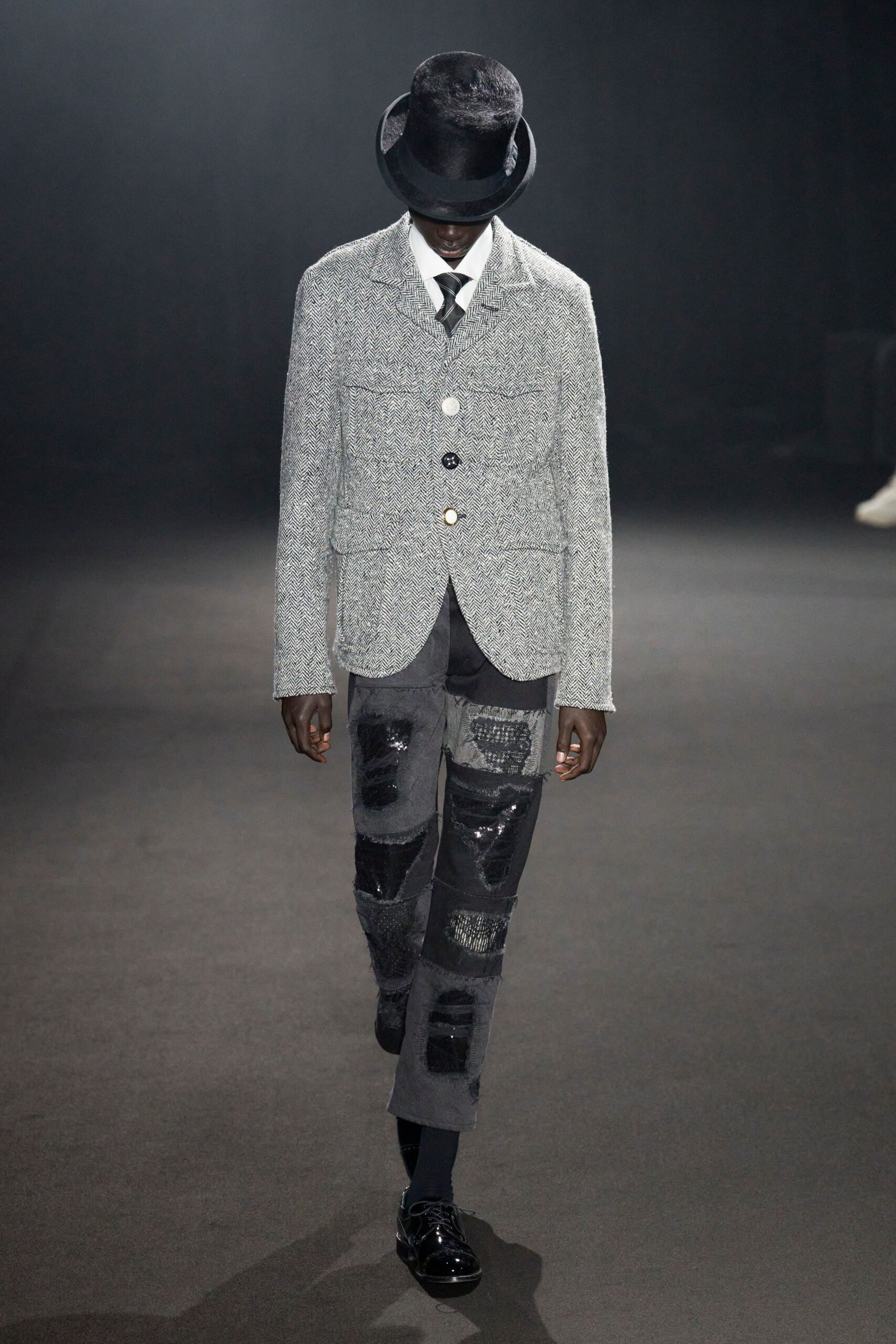 gray wool blazer with distressed pants