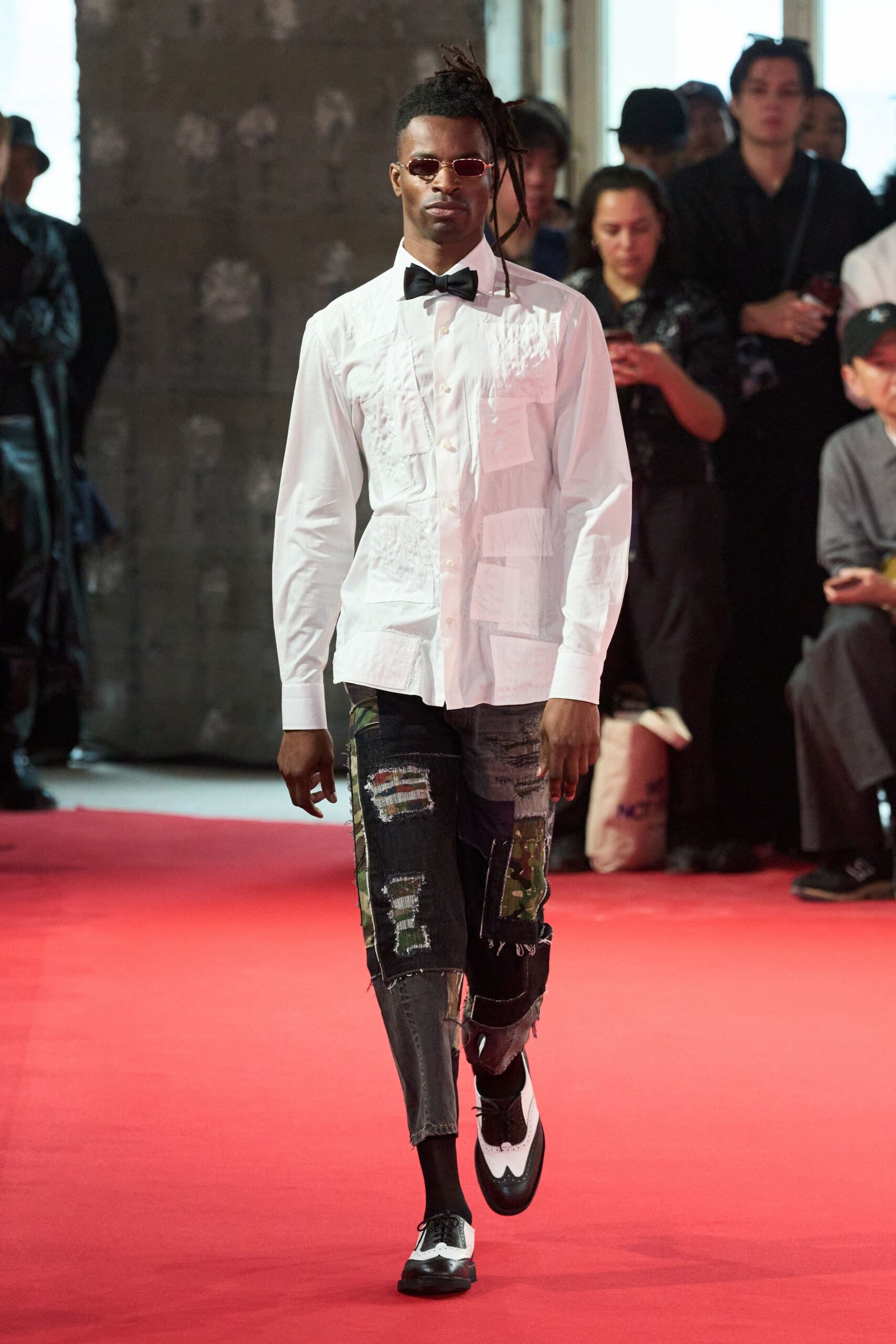 white fitted shirt with distressed pants