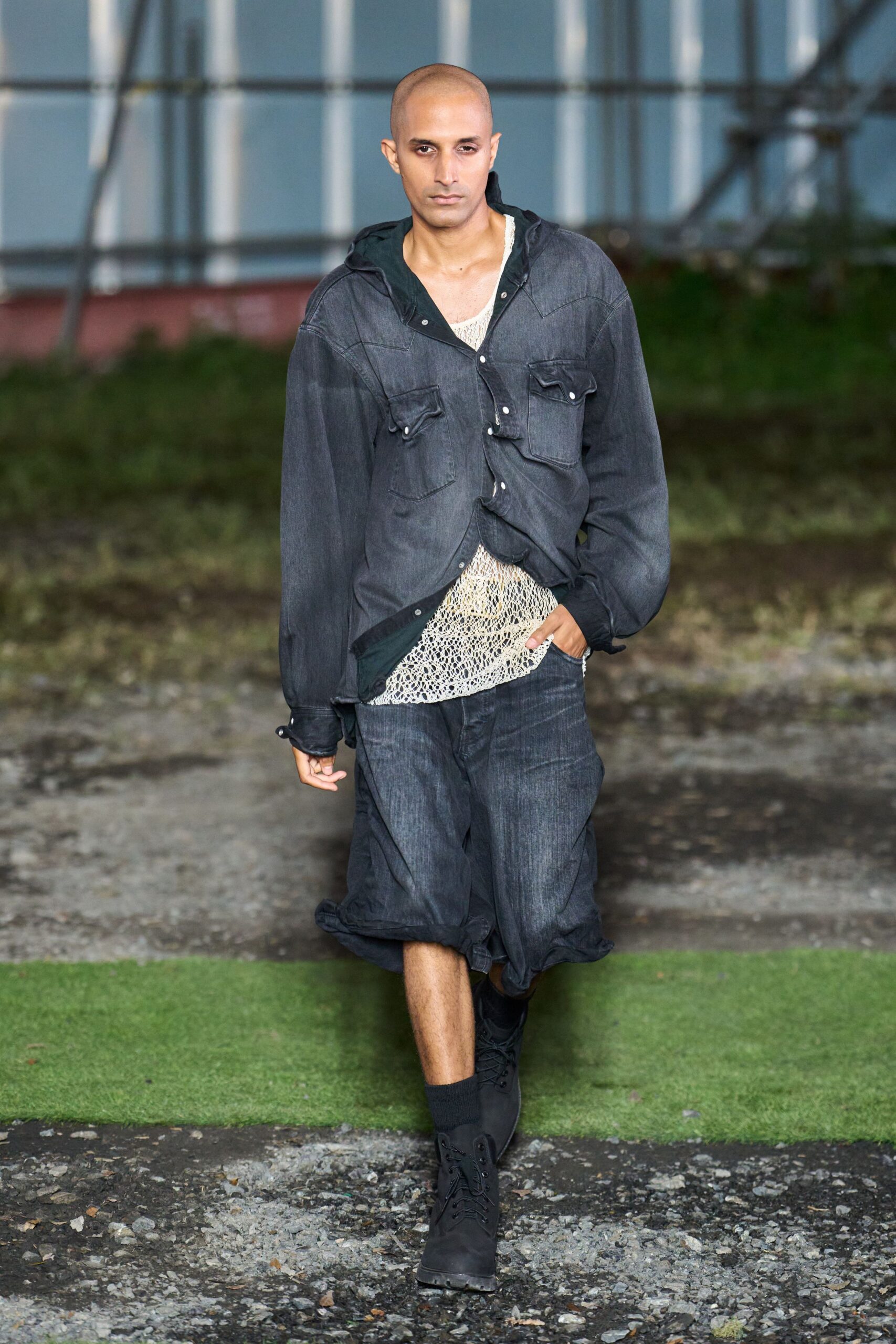 black denim relaxed flared midi skirt