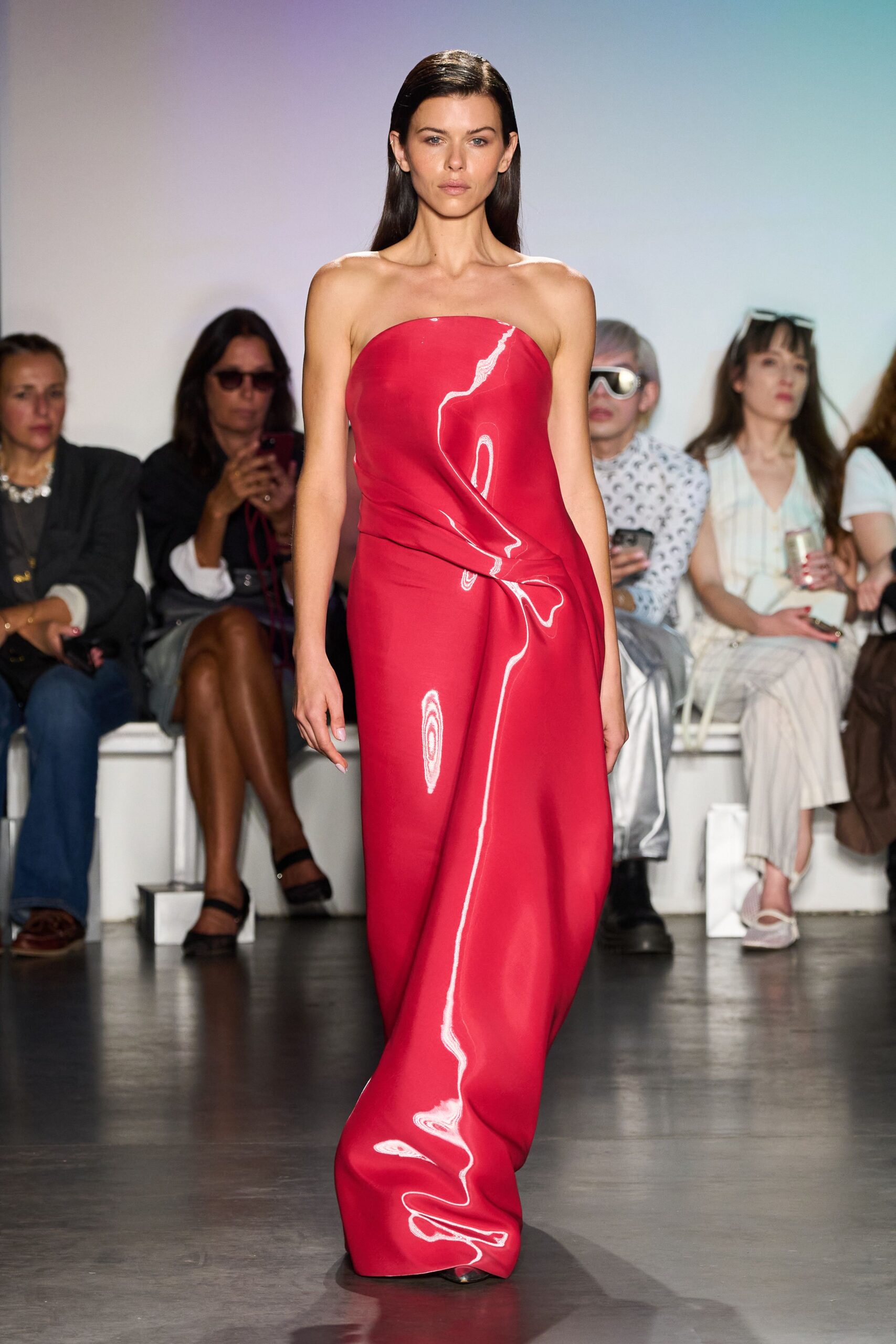 red vinyl strapless gown