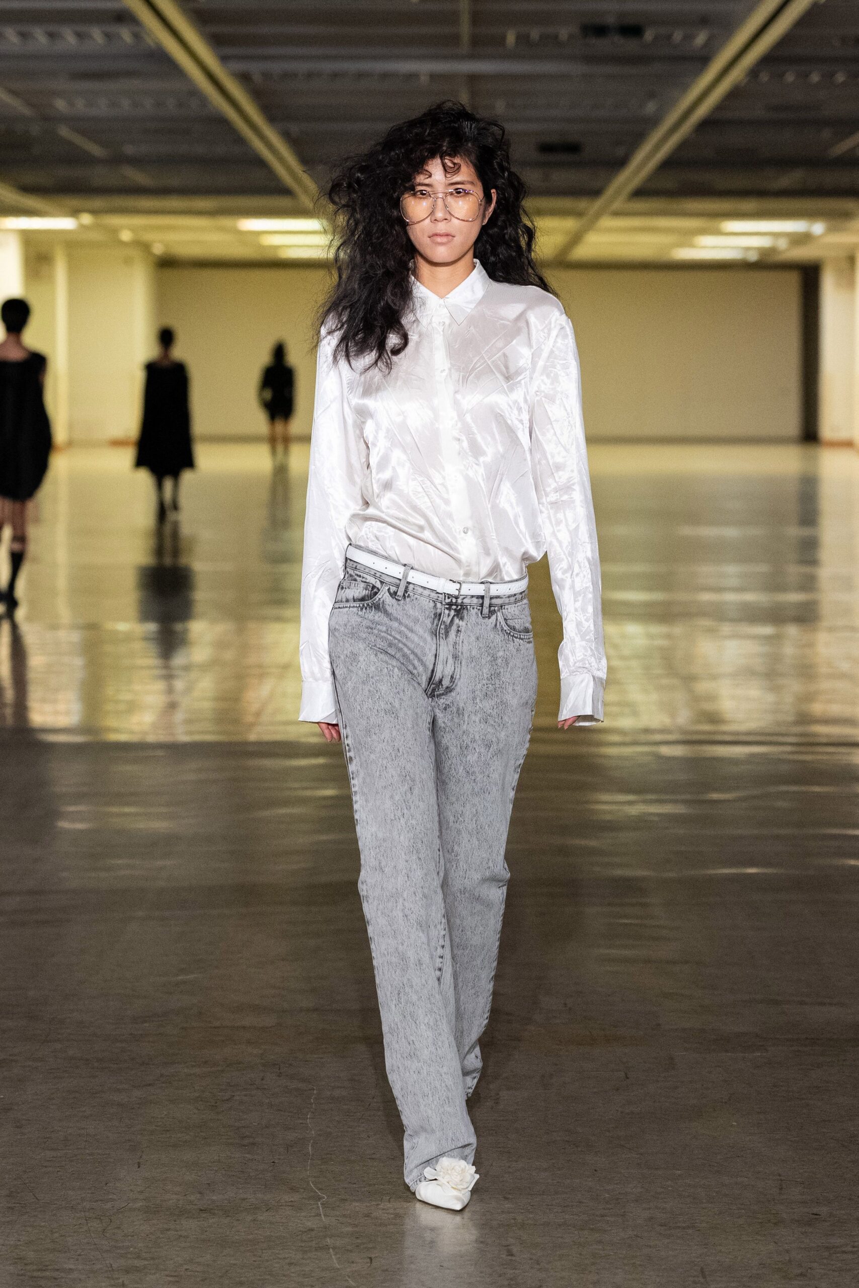 white silk shirt gray denim pants