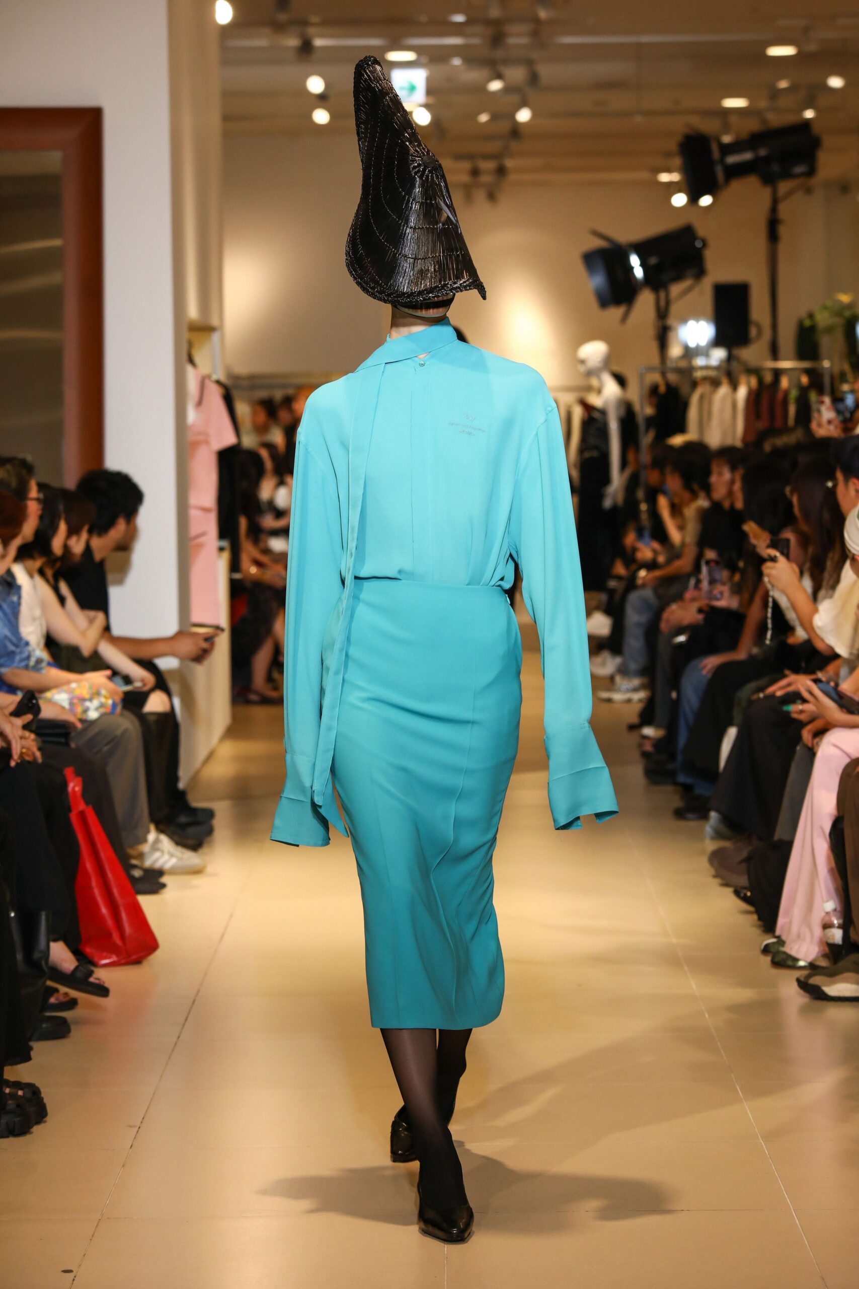 blue silk long-sleeve collared fitted straight-leg midi dress