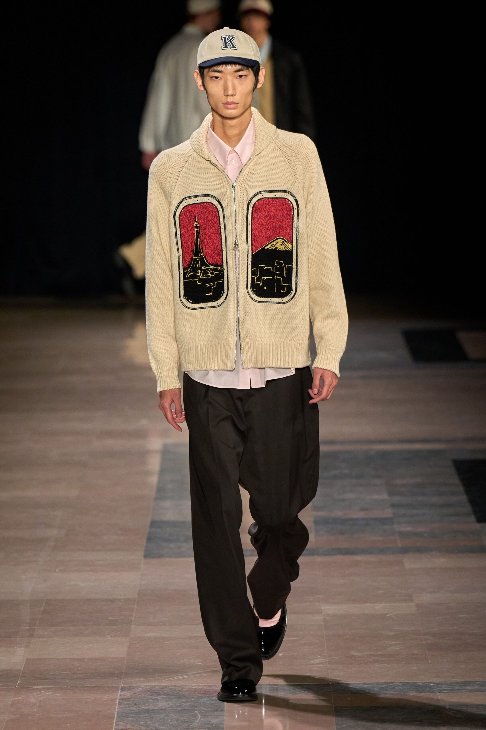 beige wool long-sleeve collared relaxed embroidered cardigan