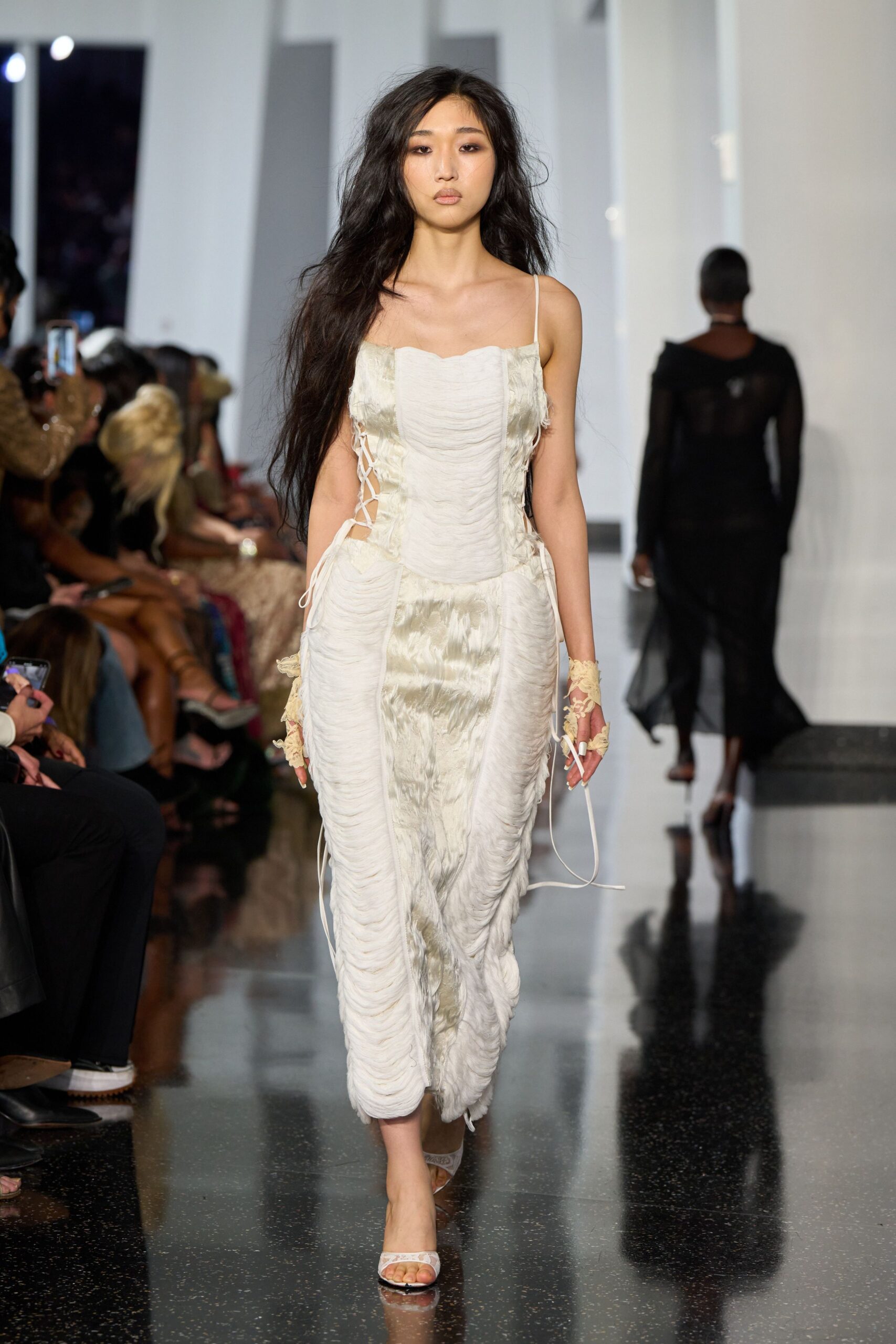 white silk sleeveless v-neck fitted ruched flowing dress