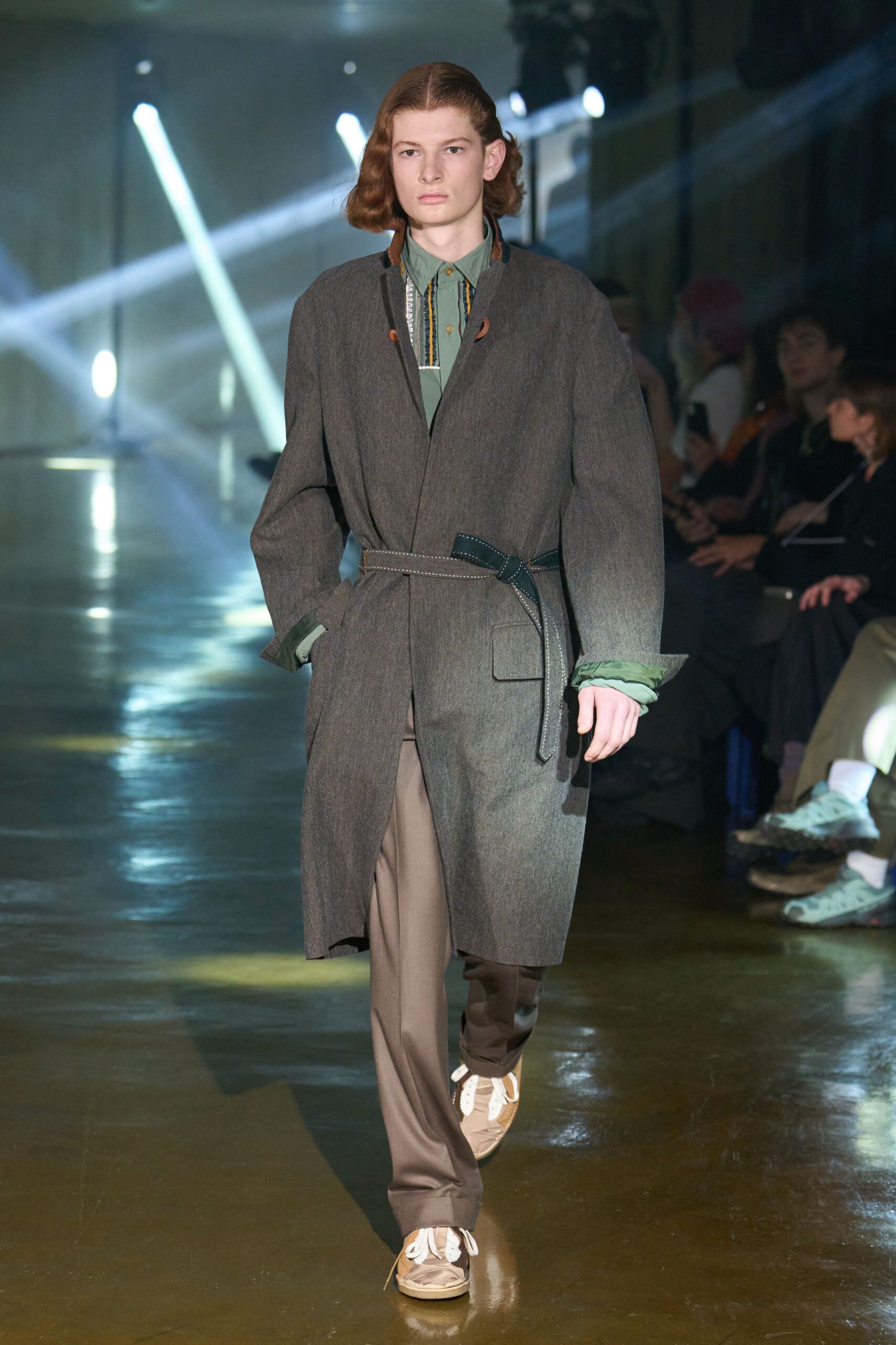 gray wool coat with green shirt