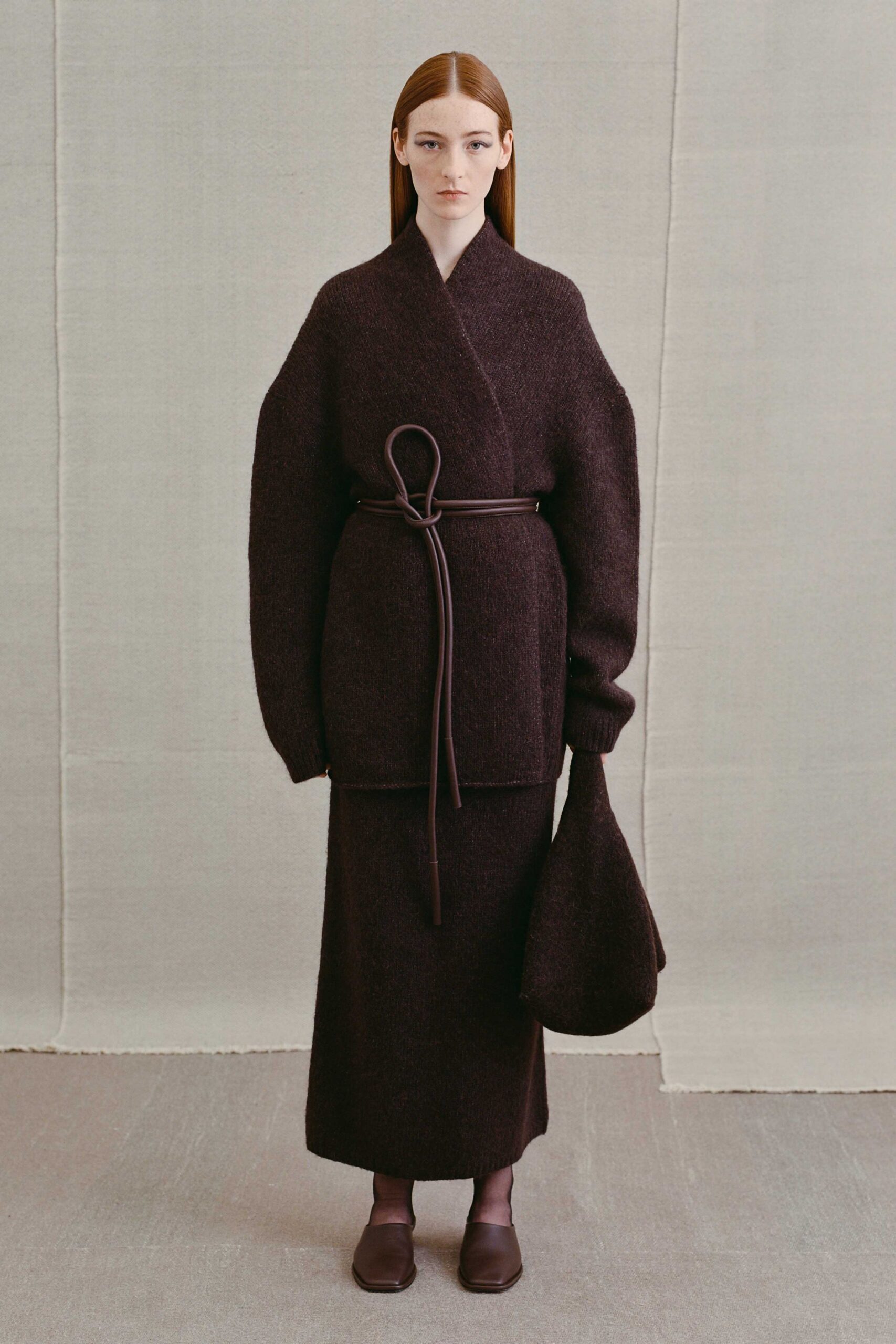brown wool long-sleeve collared relaxed belted top