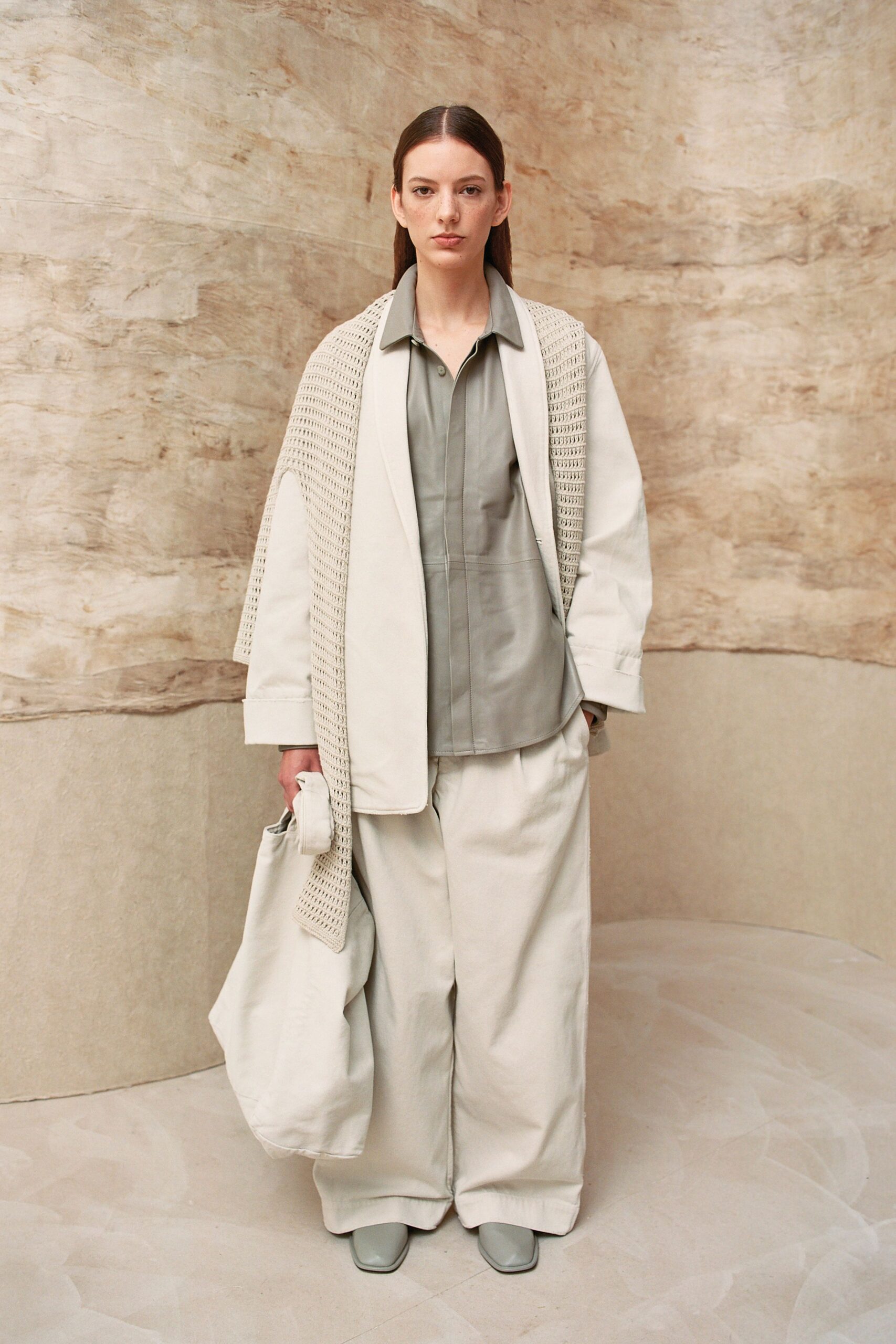 beige cotton long-sleeve collared relaxed layered jacket
