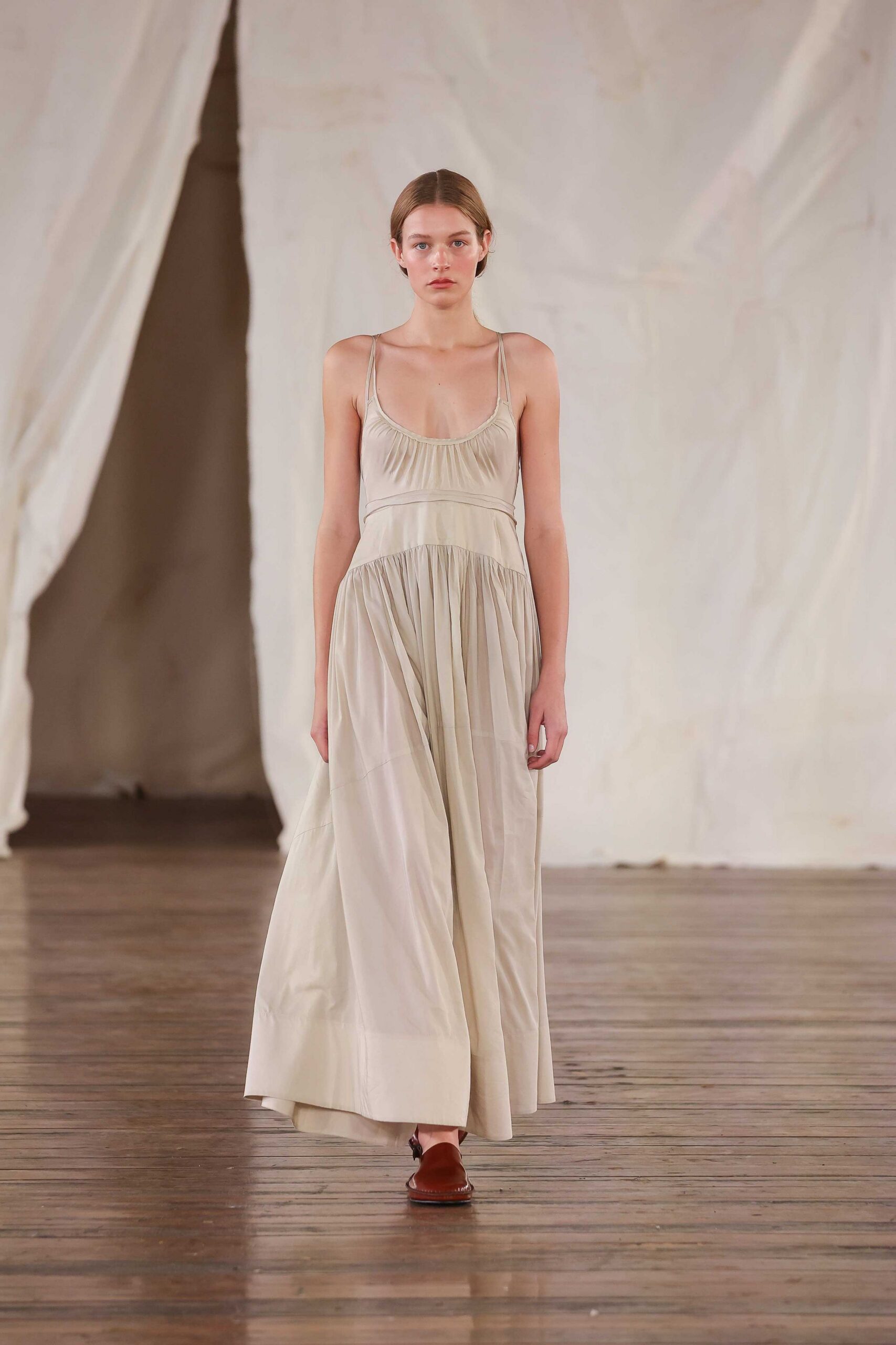 beige silk sleeveless gown
