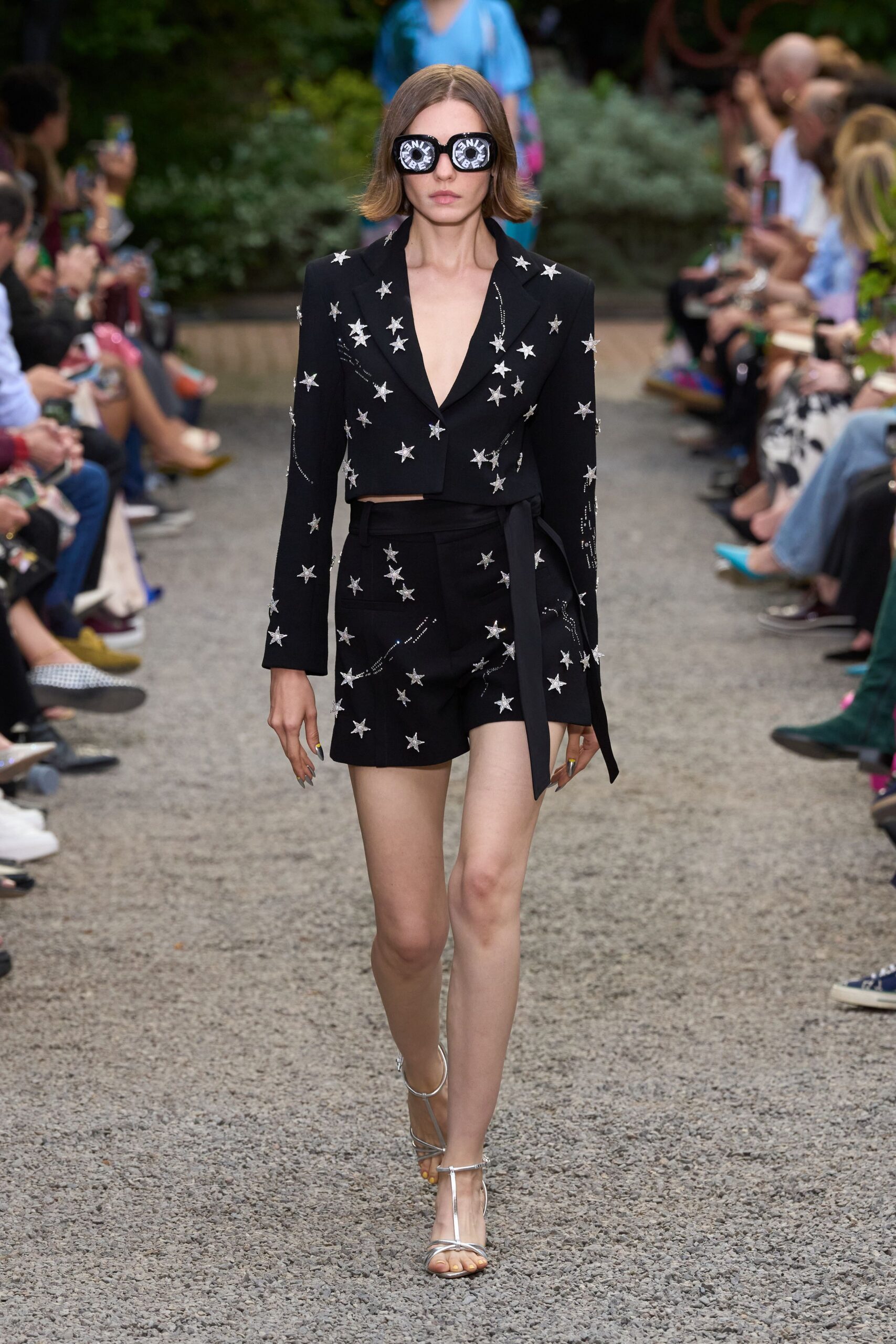 black embroidered blazer and shorts