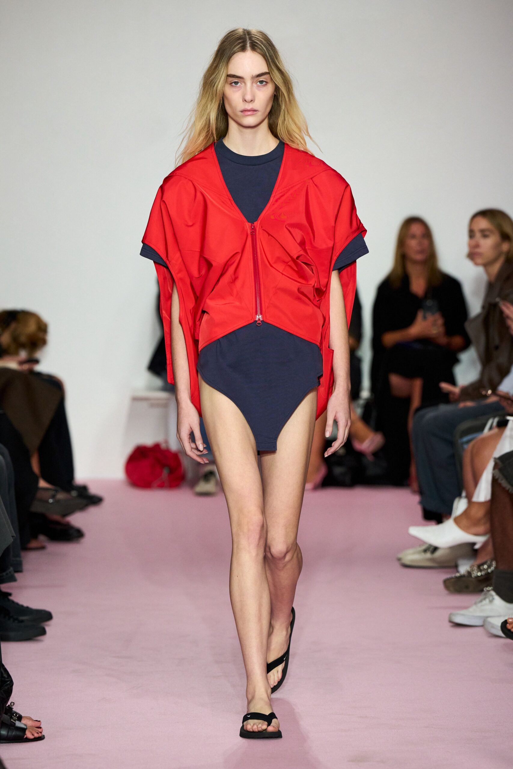red cotton short-sleeve relaxed zippered top