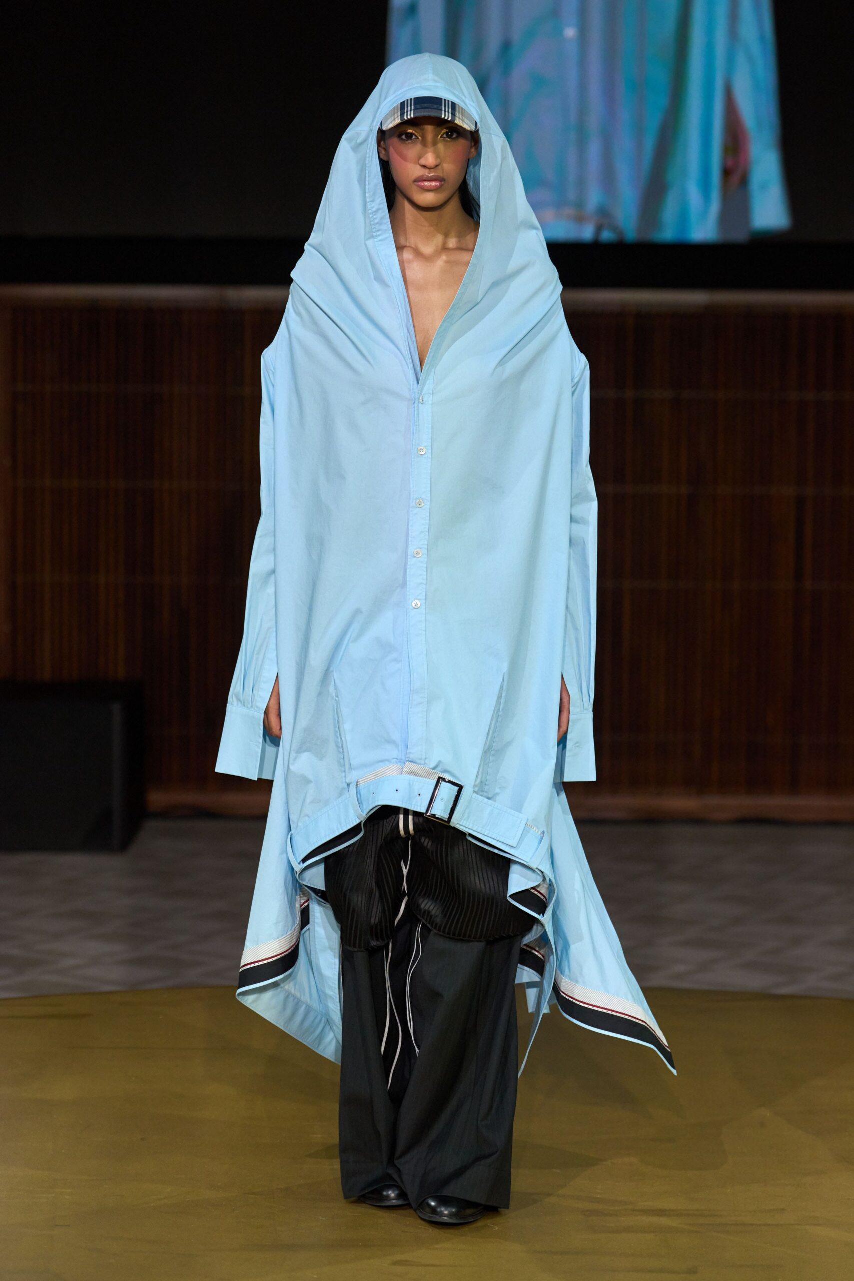 blue cotton long-sleeve collared oversized buttoned midi dress