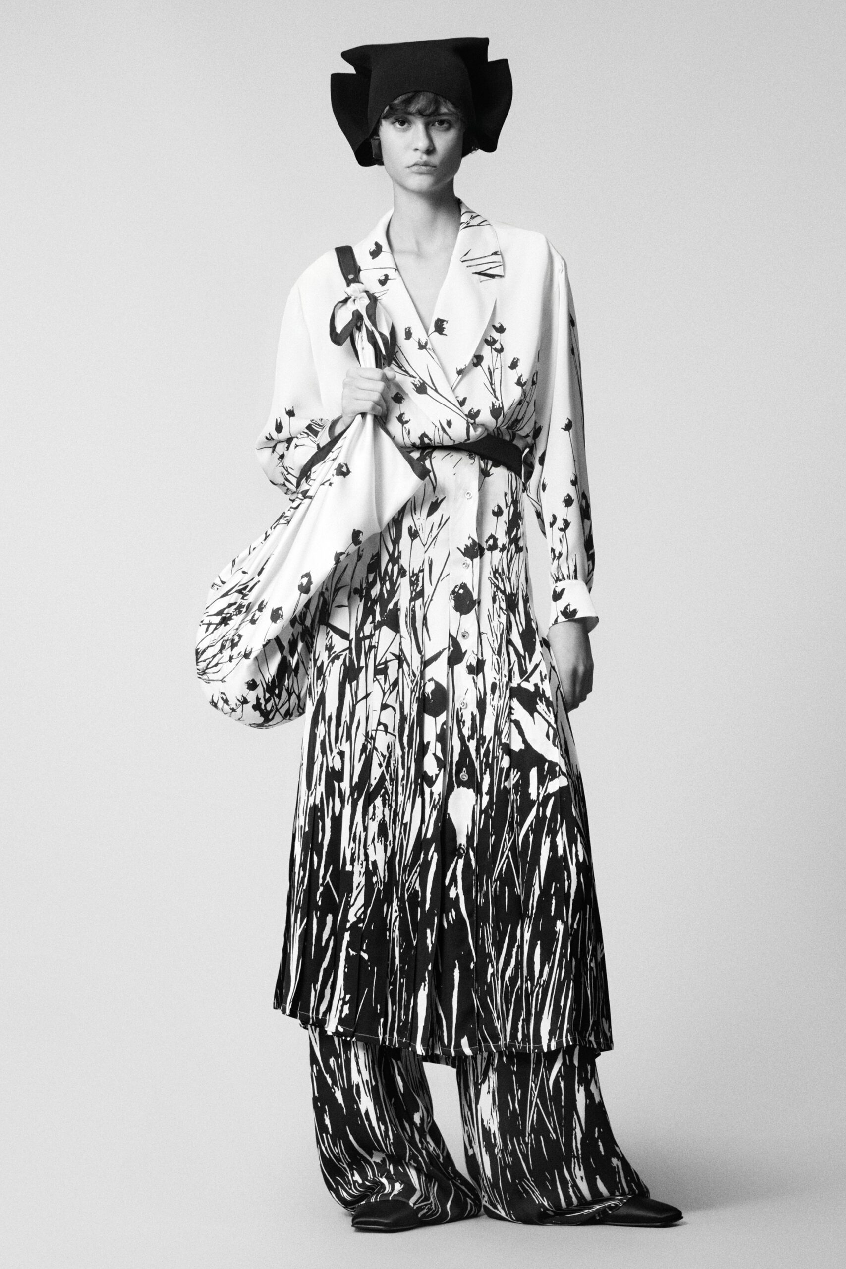 black silk long-sleeve collared relaxed floral printed dress