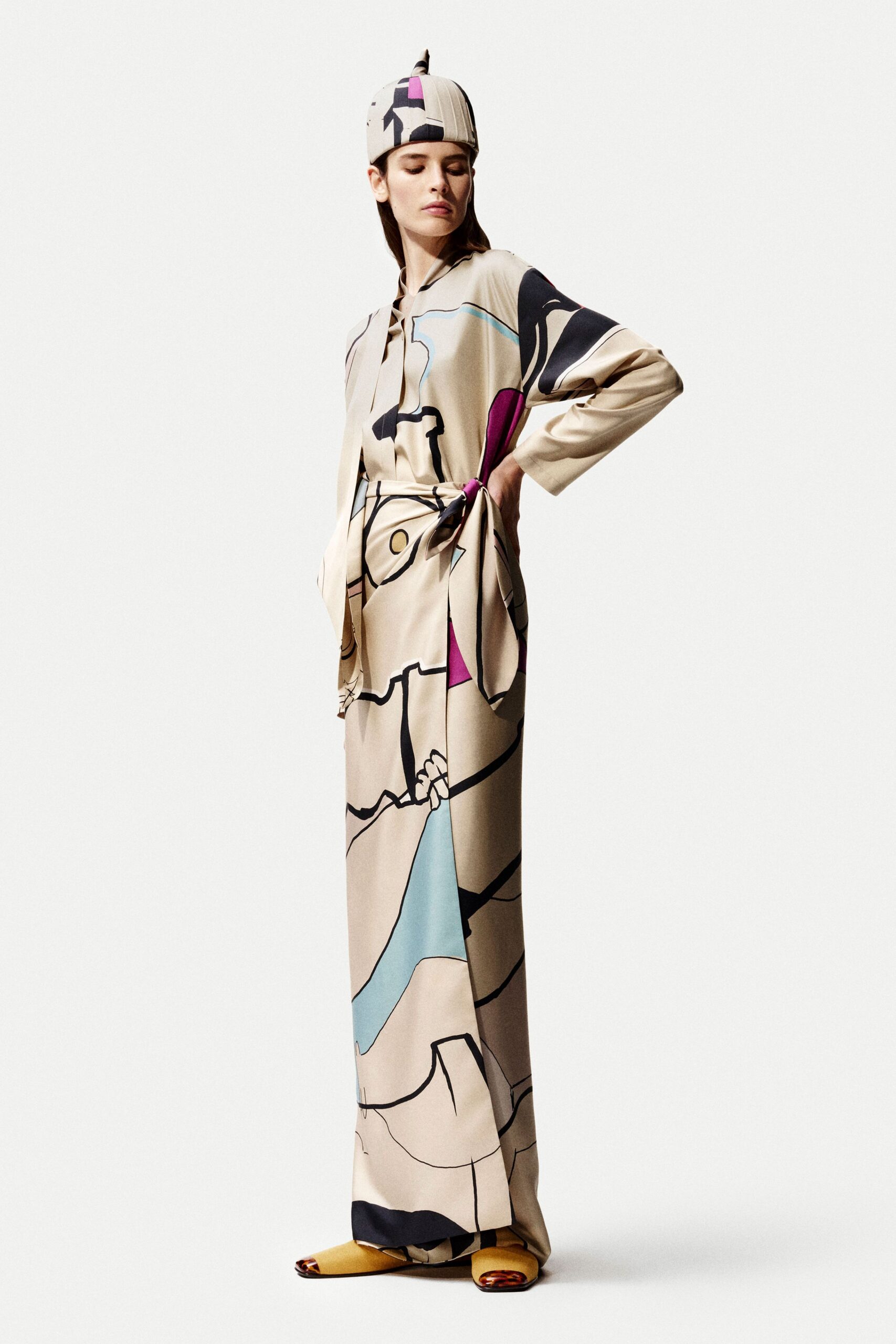 beige silk long-sleeve collared fitted printed maxi dress