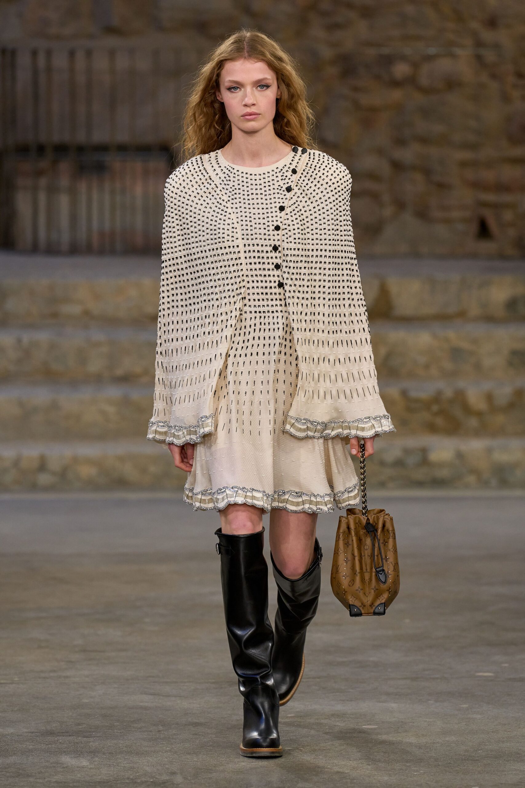 beige cotton long-sleeve collared fitted layered mini dress