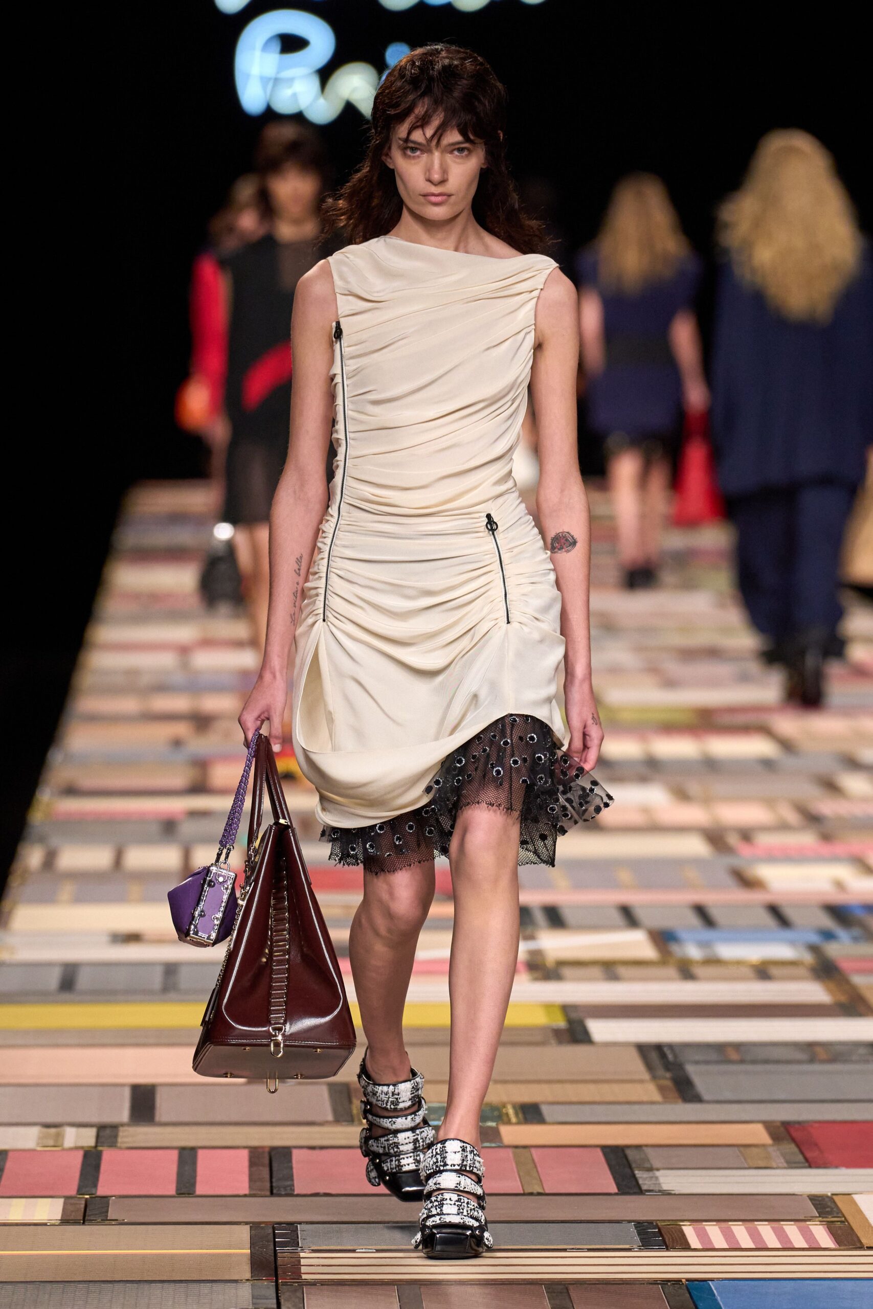 beige silk sleeveless v-neck fitted ruched layered dress