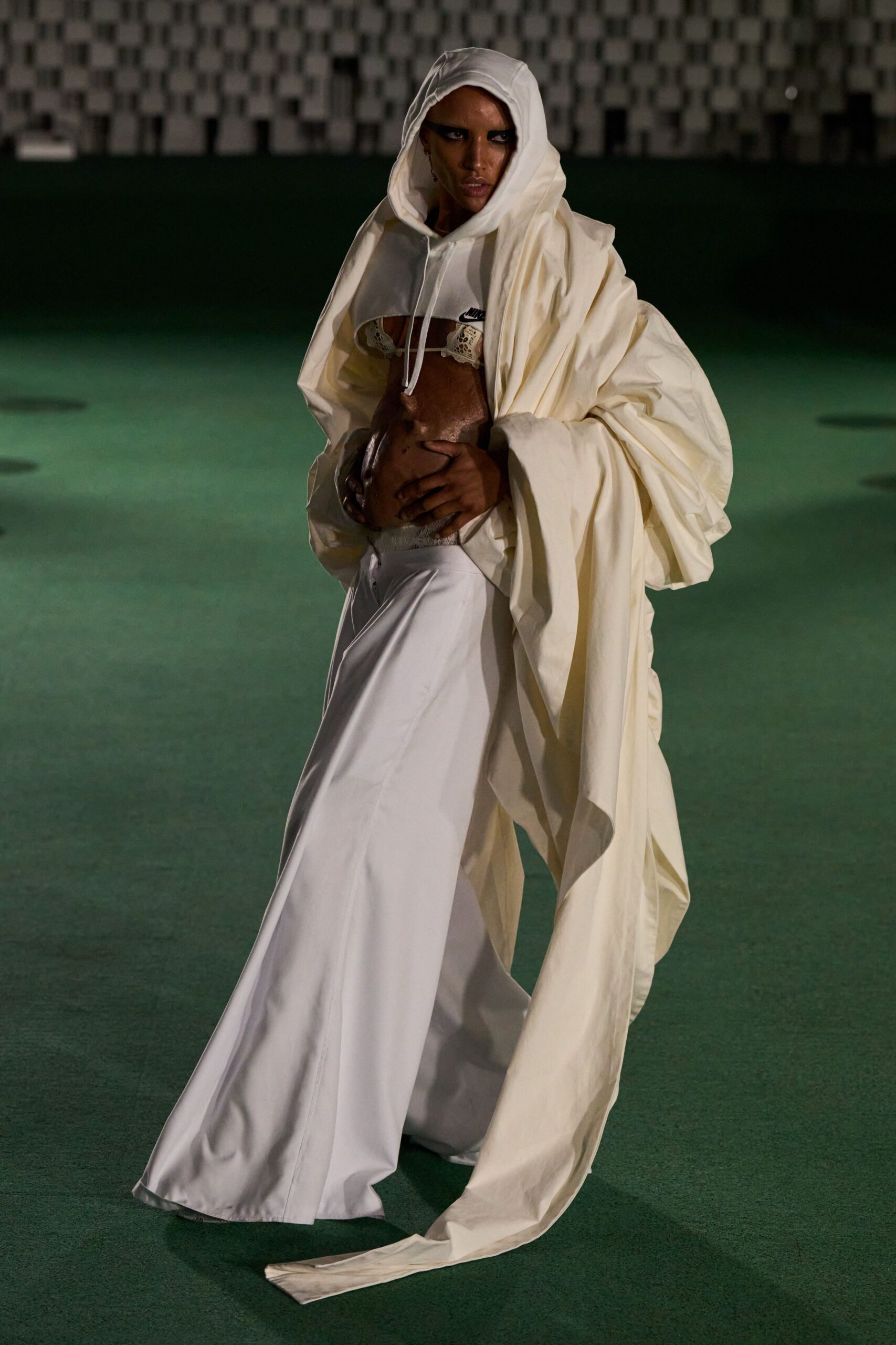 white cotton long-sleeve relaxed draped maxi wrap-dress