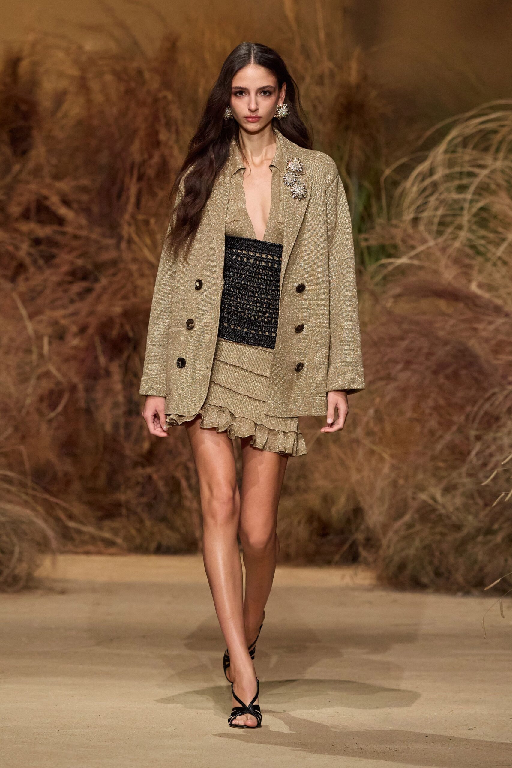 beige blazer black mini-dress