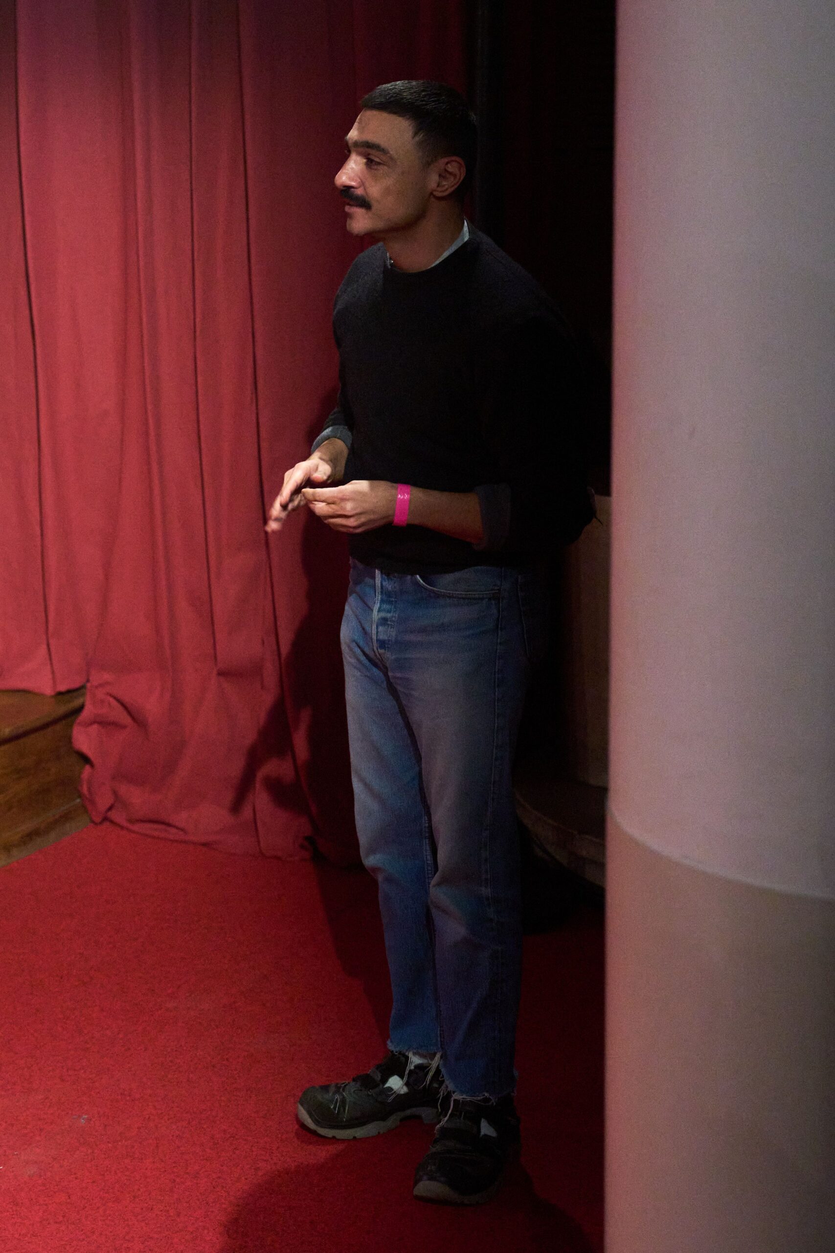 blue denim fitted straight-leg jeans