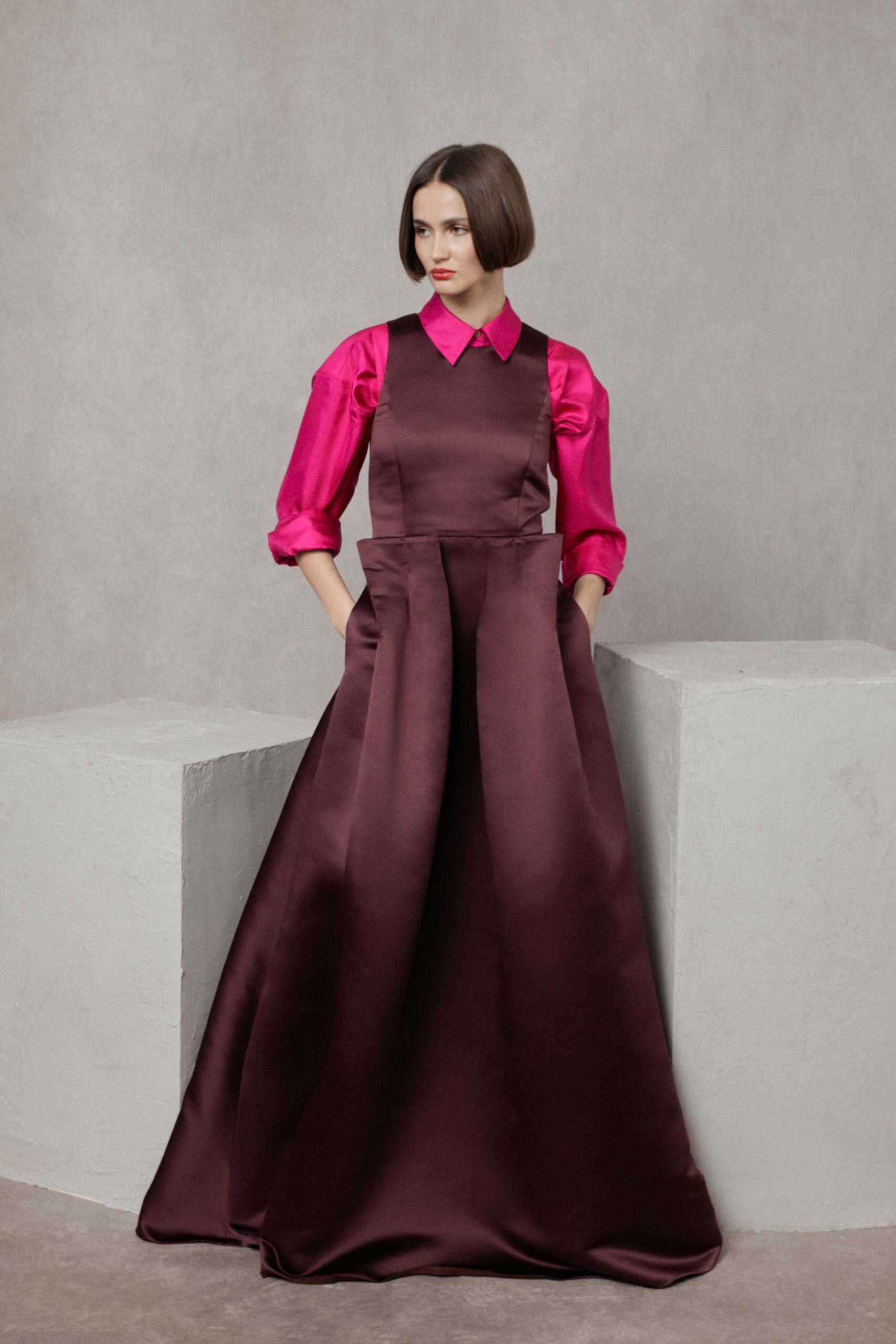 brown satin long-sleeve collared fitted pleated maxi gown