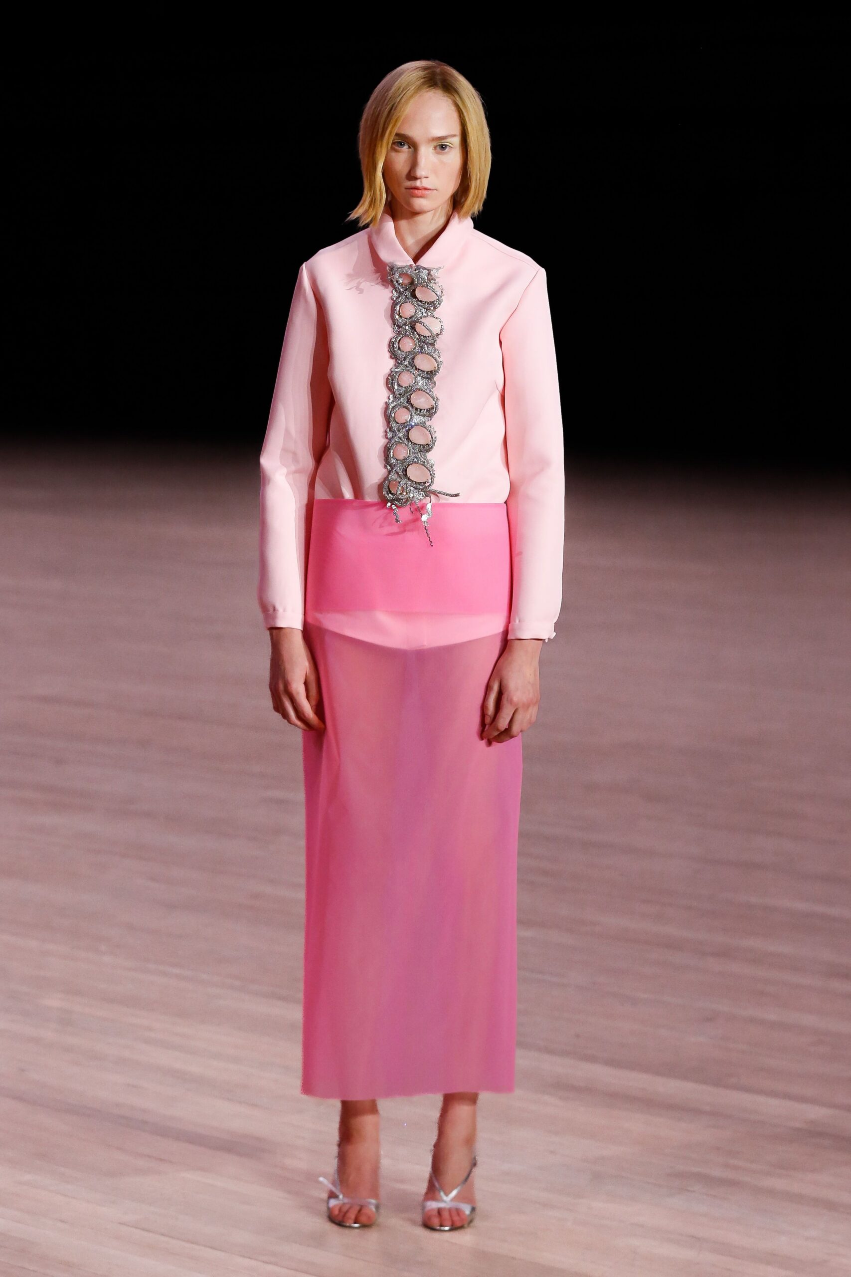 pink silk fitted high-waisted pleated sheer skirt