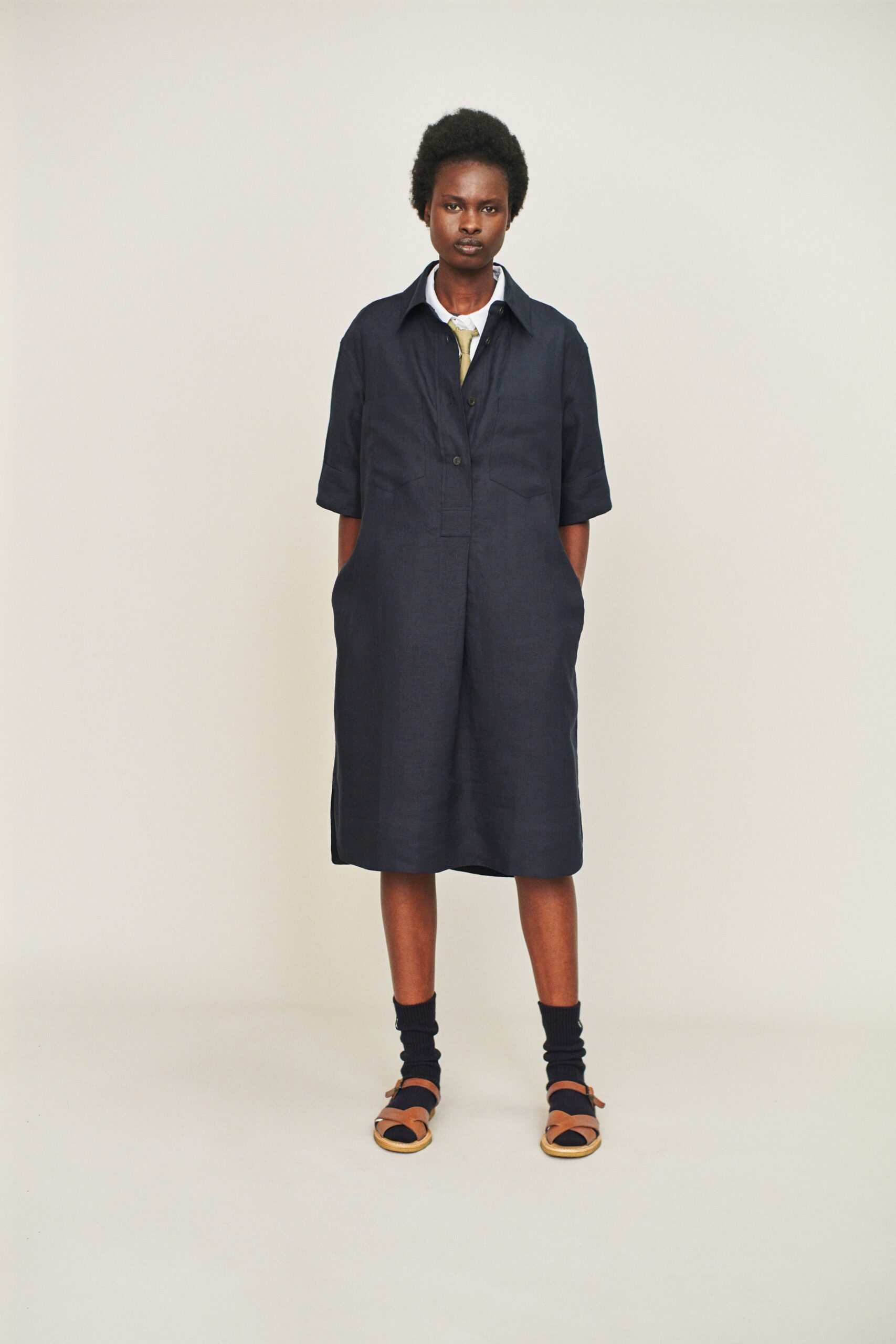 navy cotton shirt-dress with sandals