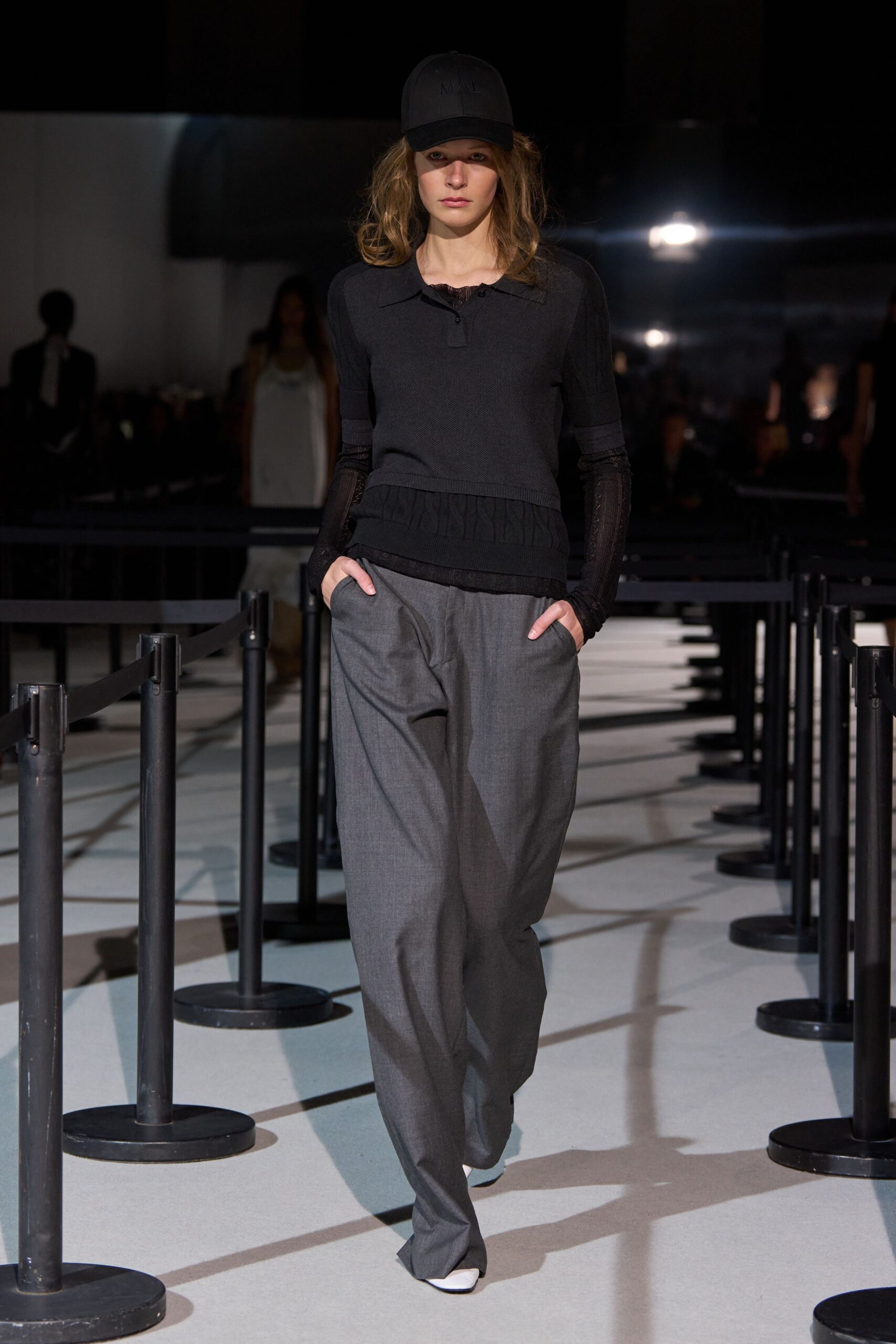 black fitted top gray relaxed pants