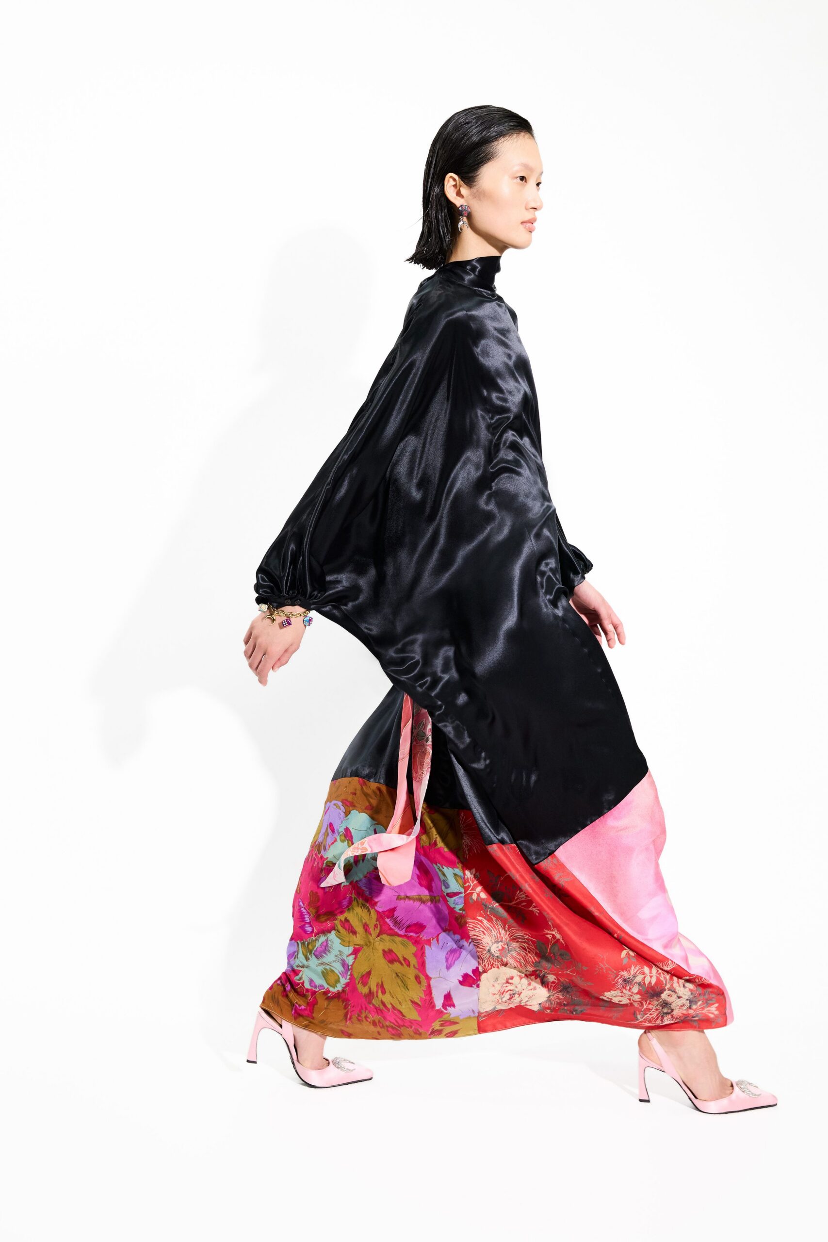 black silk long-sleeve high-neck relaxed layered flared dress