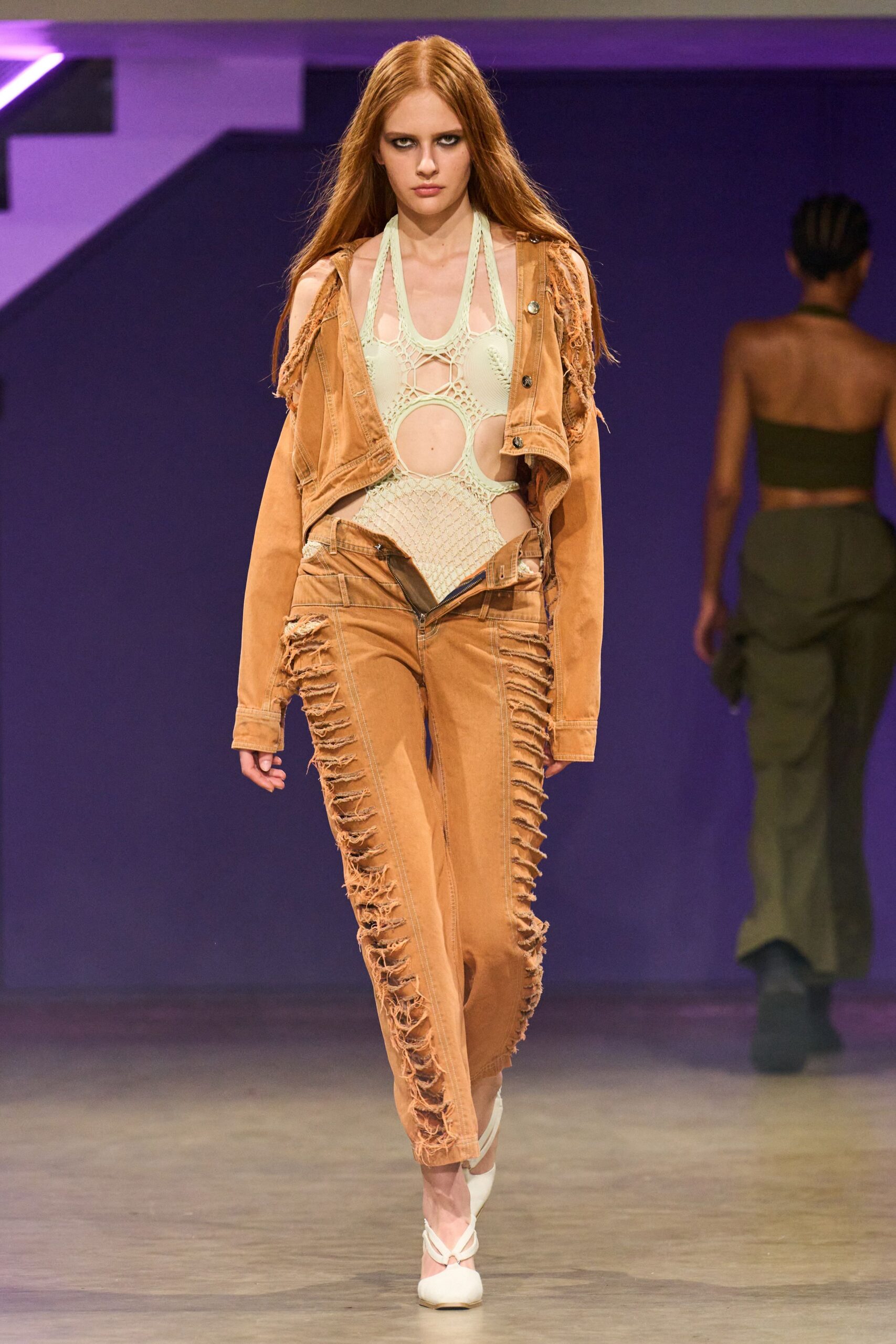 brown denim long-sleeve collared fitted fringed jacket