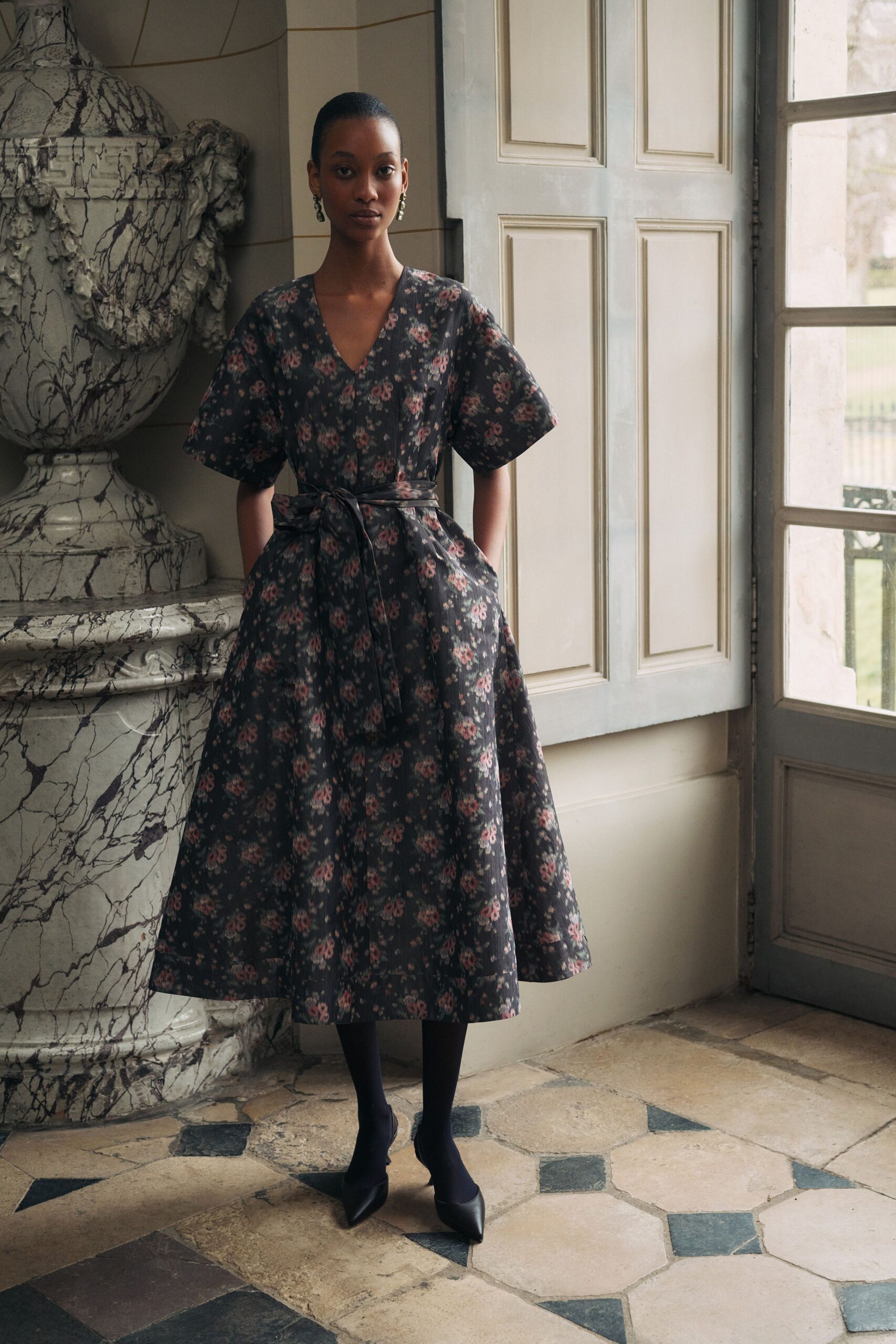 black floral midi dress with heels