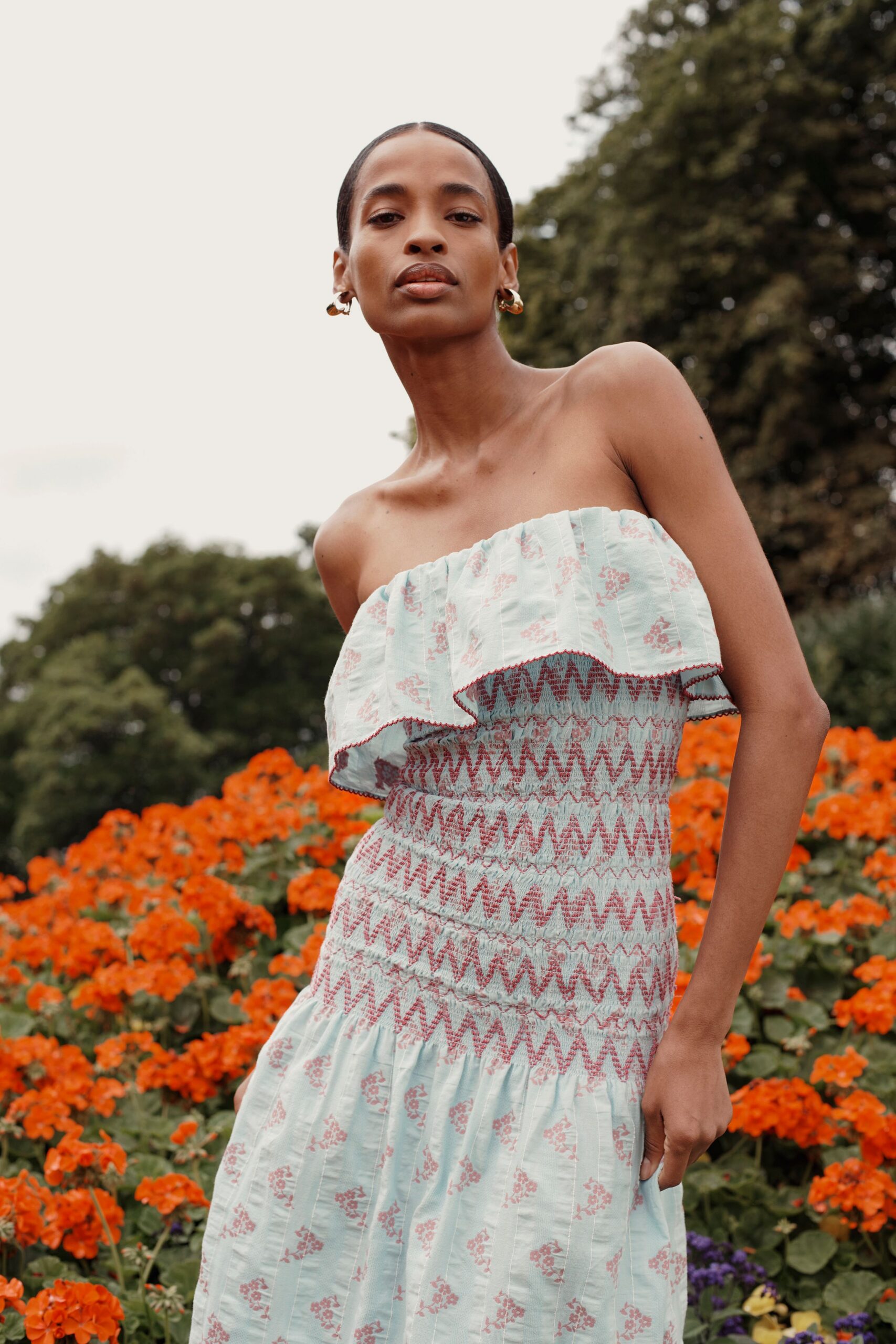 light blue embroidered strapless dress