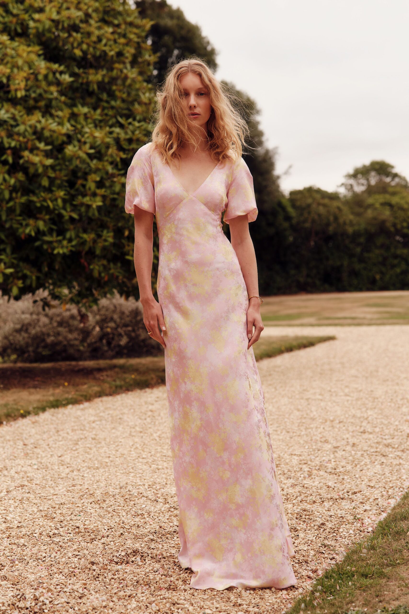 pink floral silk gown