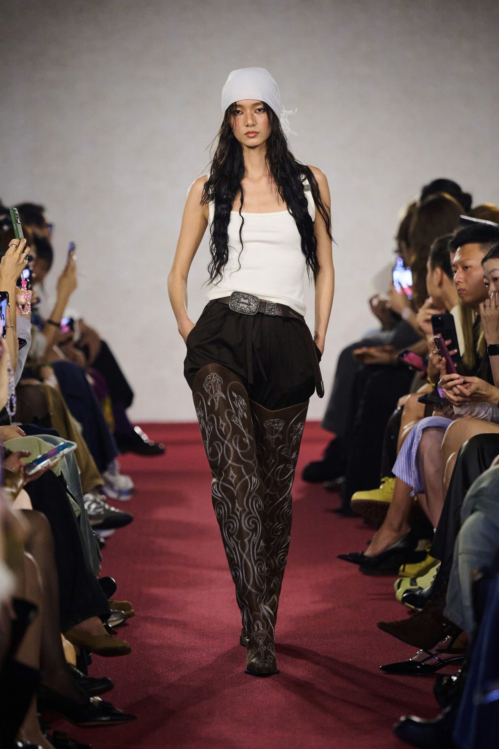 brown cotton fitted embroidered pants