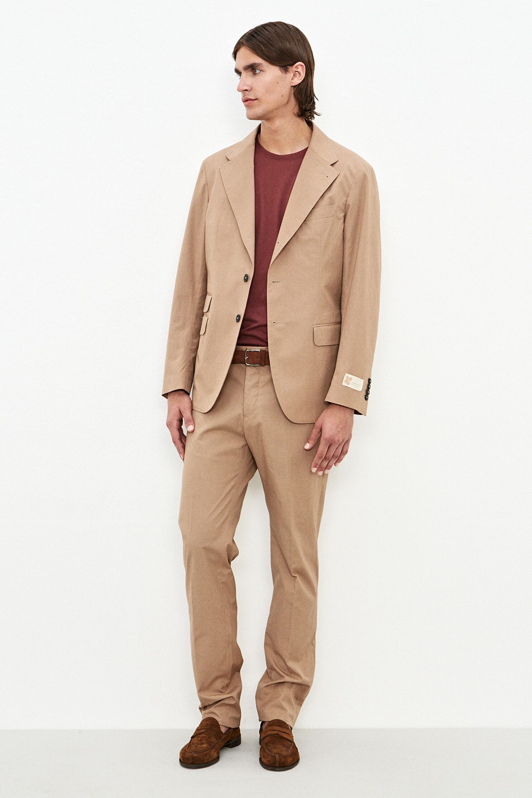beige cotton slim straight-leg pants