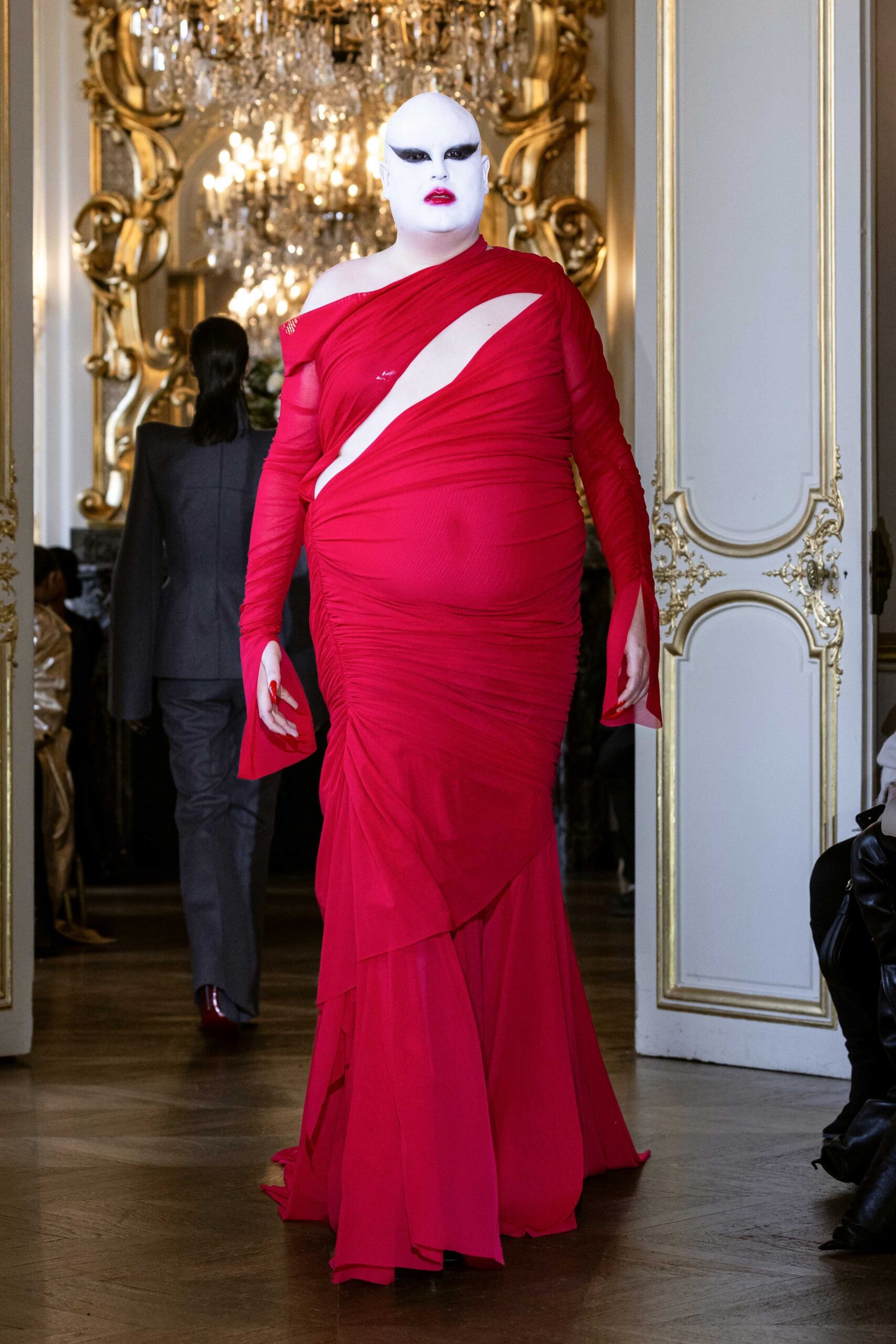 red silk off-shoulder gown