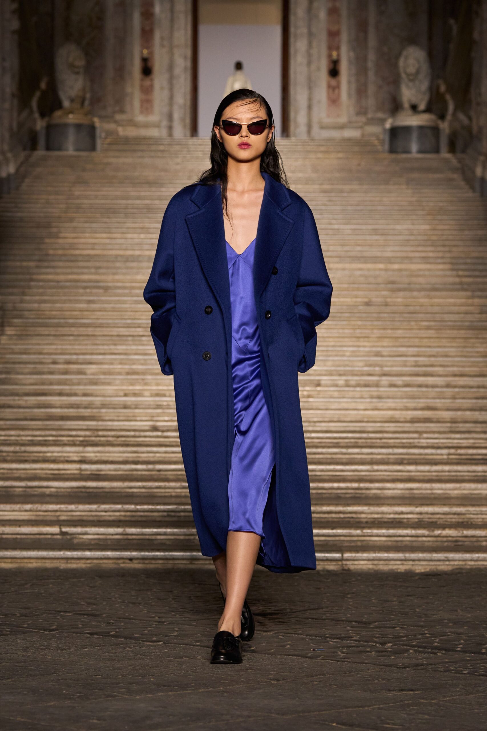 blue wool oversized coat with purple silk dress