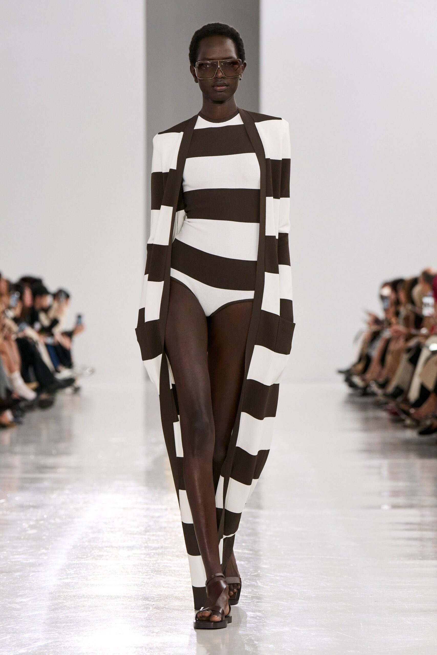 brown cotton sleeveless fitted striped swimsuit