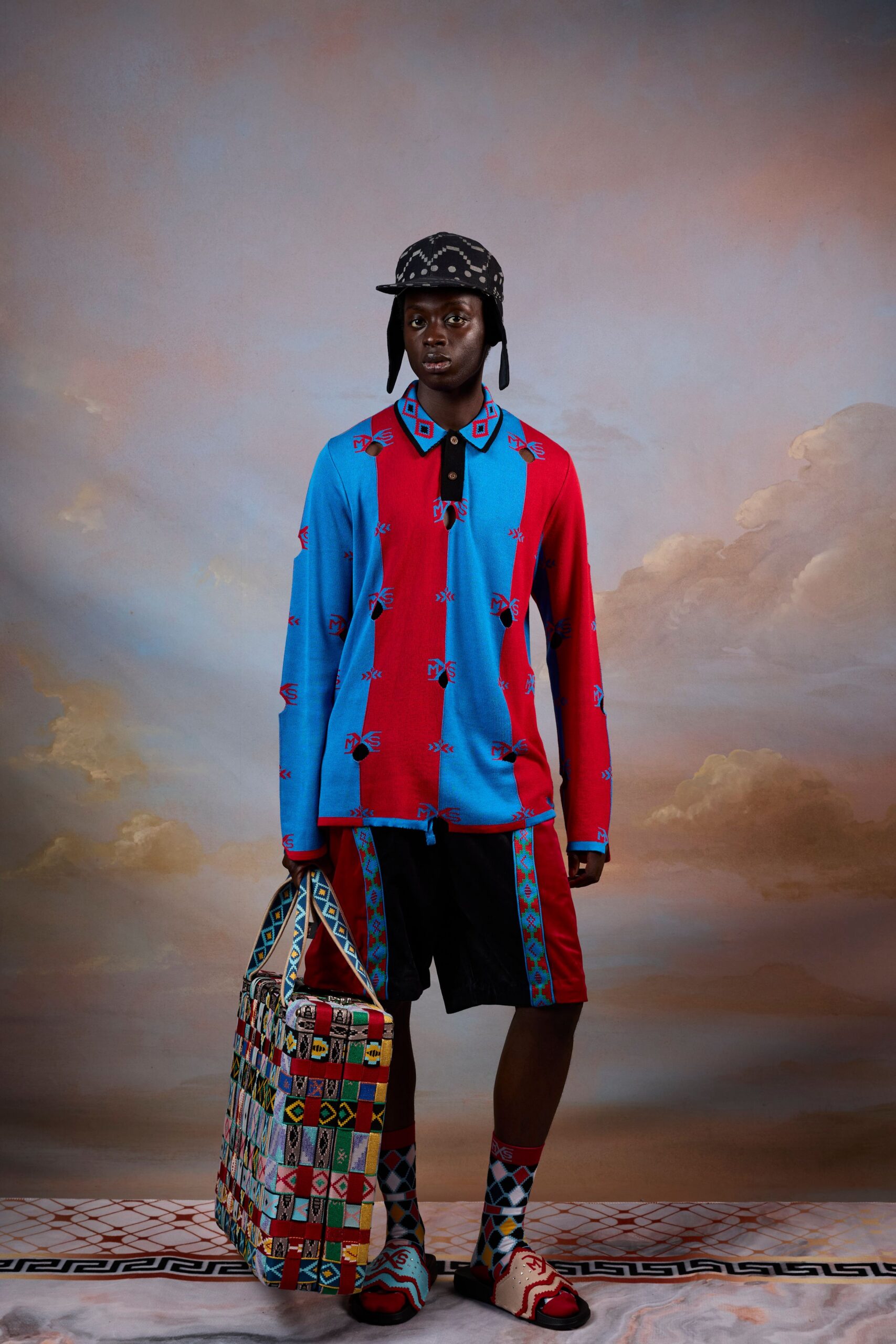red long-sleeve collared relaxed embroidered shirt